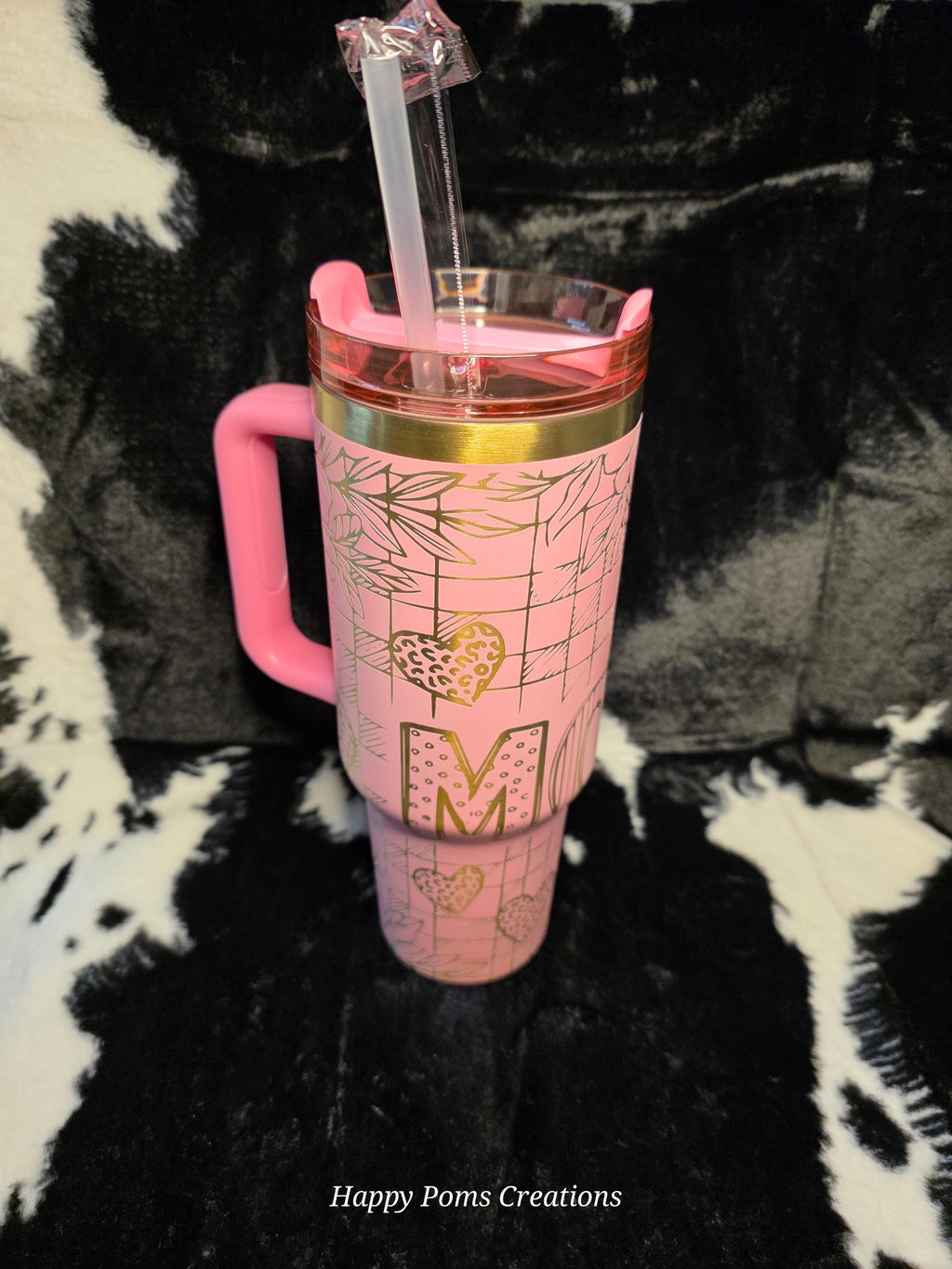 Personalized Pink Floral Tumbler with Handle | Custom Initial 40oz Stainless Steel Cup | Coquette Checkered Straw Cup Gift for Her