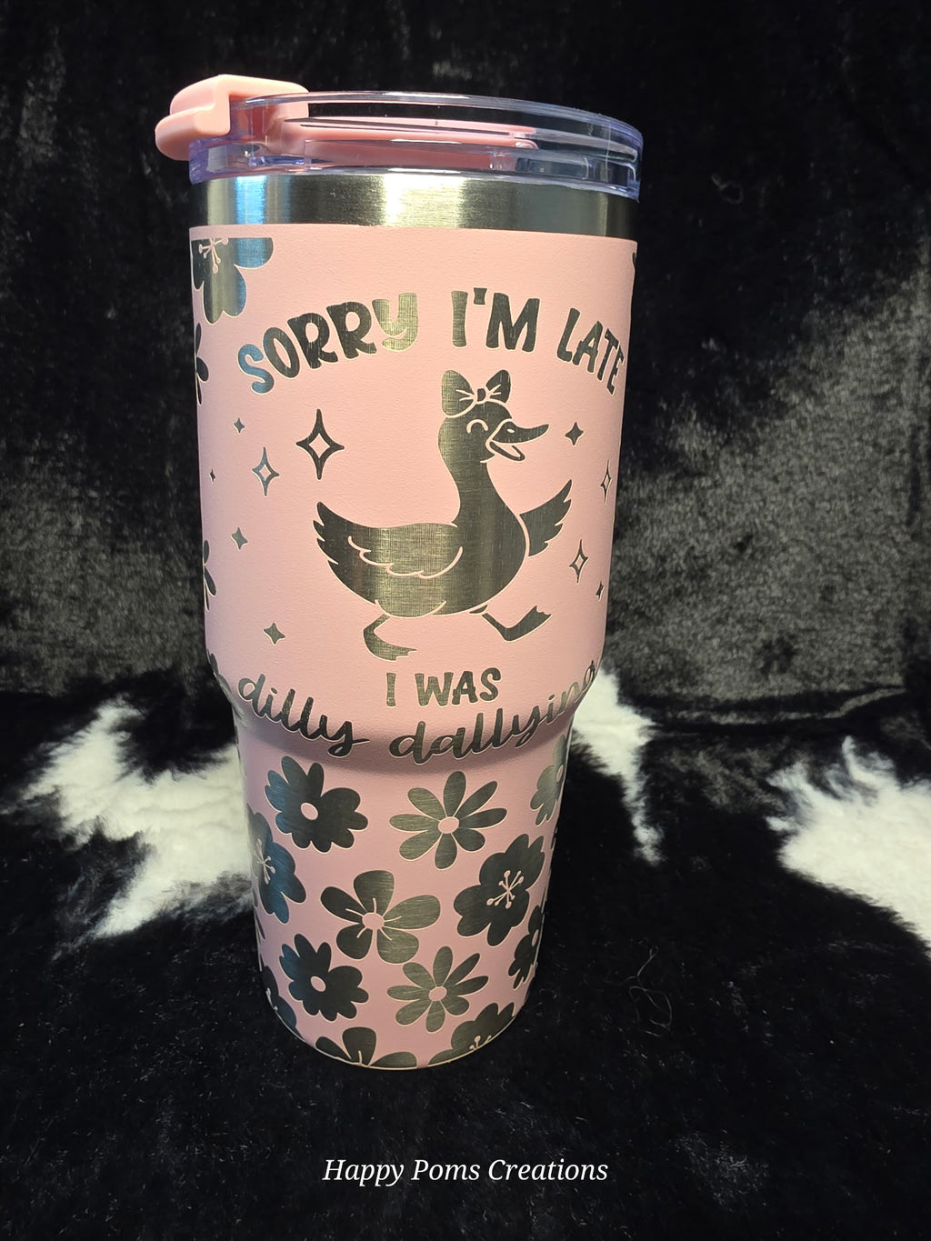 Funny Duck Tumbler with Handle, “My Ducks Don’t Even Know What Row Is” Travel Mug, Pink Floral Duck Cup, Cute Stainless Steel Coffee Tumbler Gift