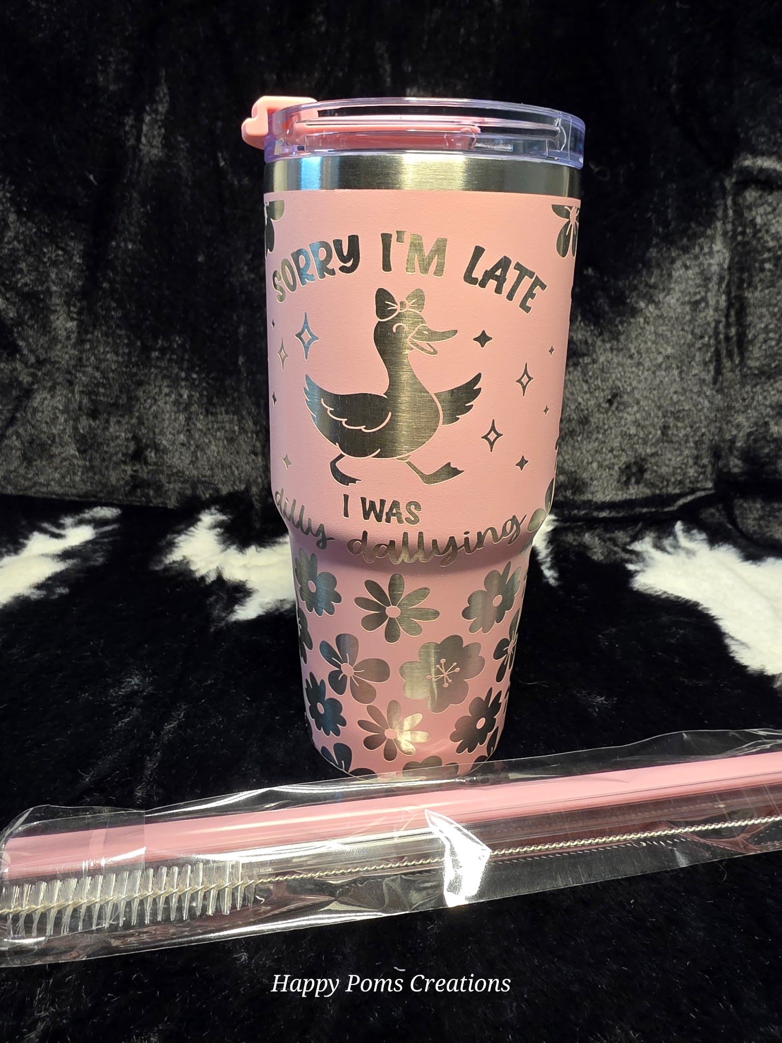 Funny Duck Tumbler with Handle, “My Ducks Don’t Even Know What Row Is” Travel Mug, Pink Floral Duck Cup, Cute Stainless Steel Coffee Tumbler Gift