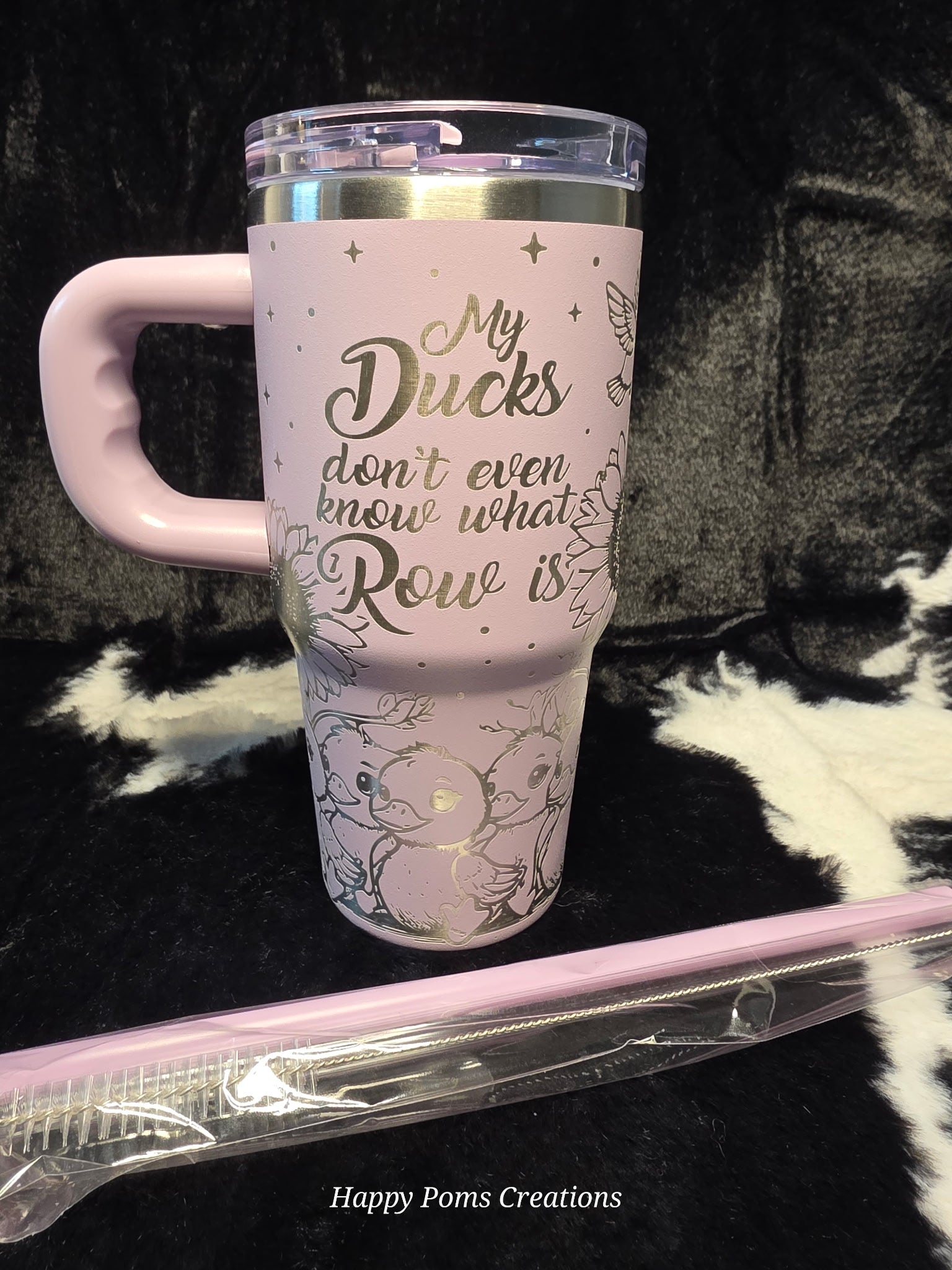 Cute Duck Tumbler with Handle, “My Ducks Don’t Even Know What Row Is” Travel Mug, Pink Floral Duck Cup, Funny Duck Lover Gift, 14oz Tumbler