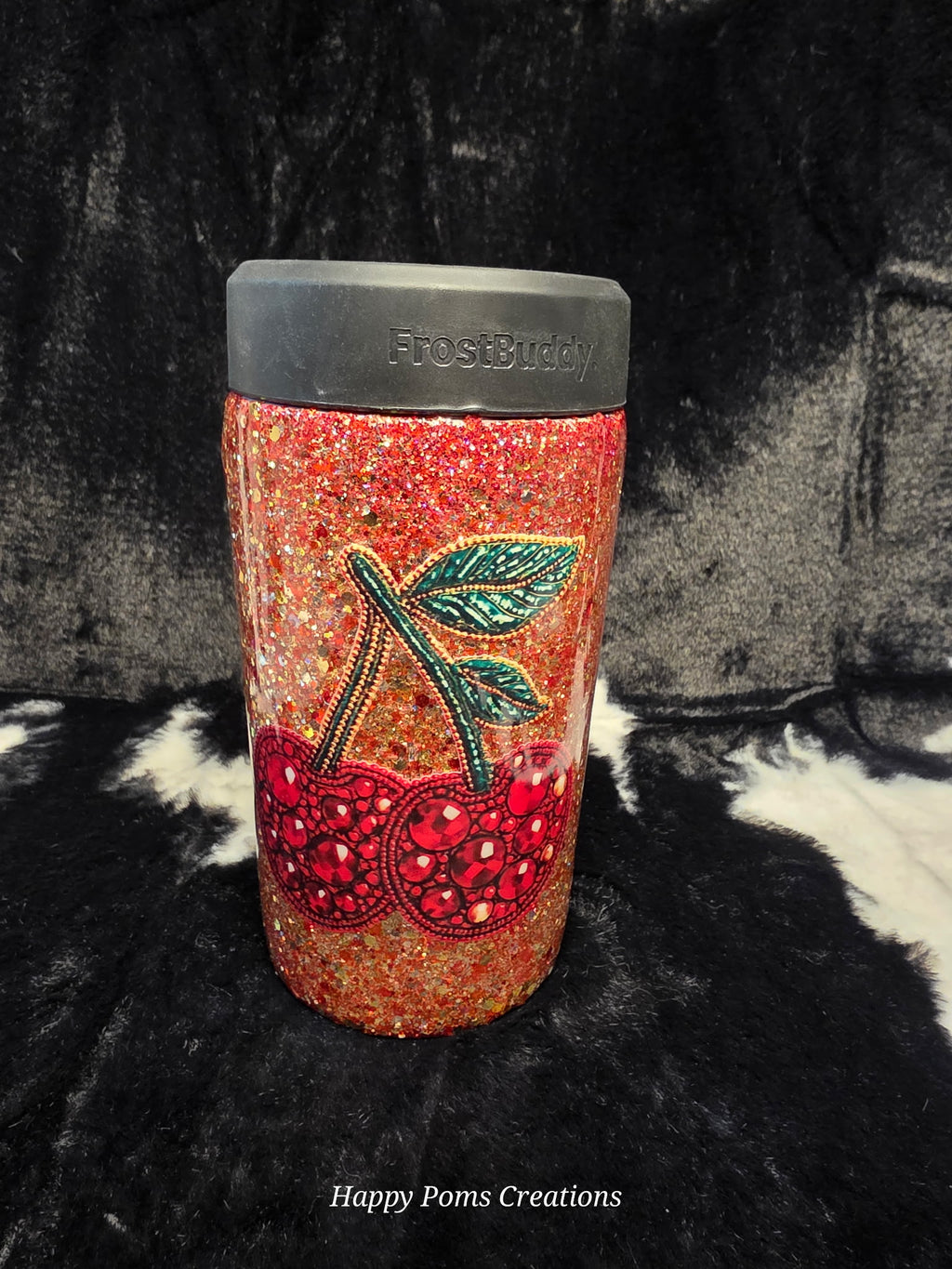 Glitter Cherry Can Cooler Tumbler | Handmade Rhinestone Cherry FrostBuddy Style Drink Holder | Sparkly Red Insulated Soda Can Cooler Gift