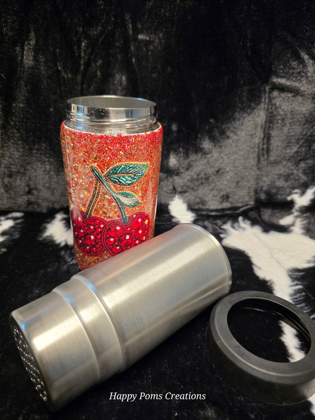 Glitter Cherry Can Cooler Tumbler | Handmade Rhinestone Cherry FrostBuddy Style Drink Holder | Sparkly Red Insulated Soda Can Cooler Gift