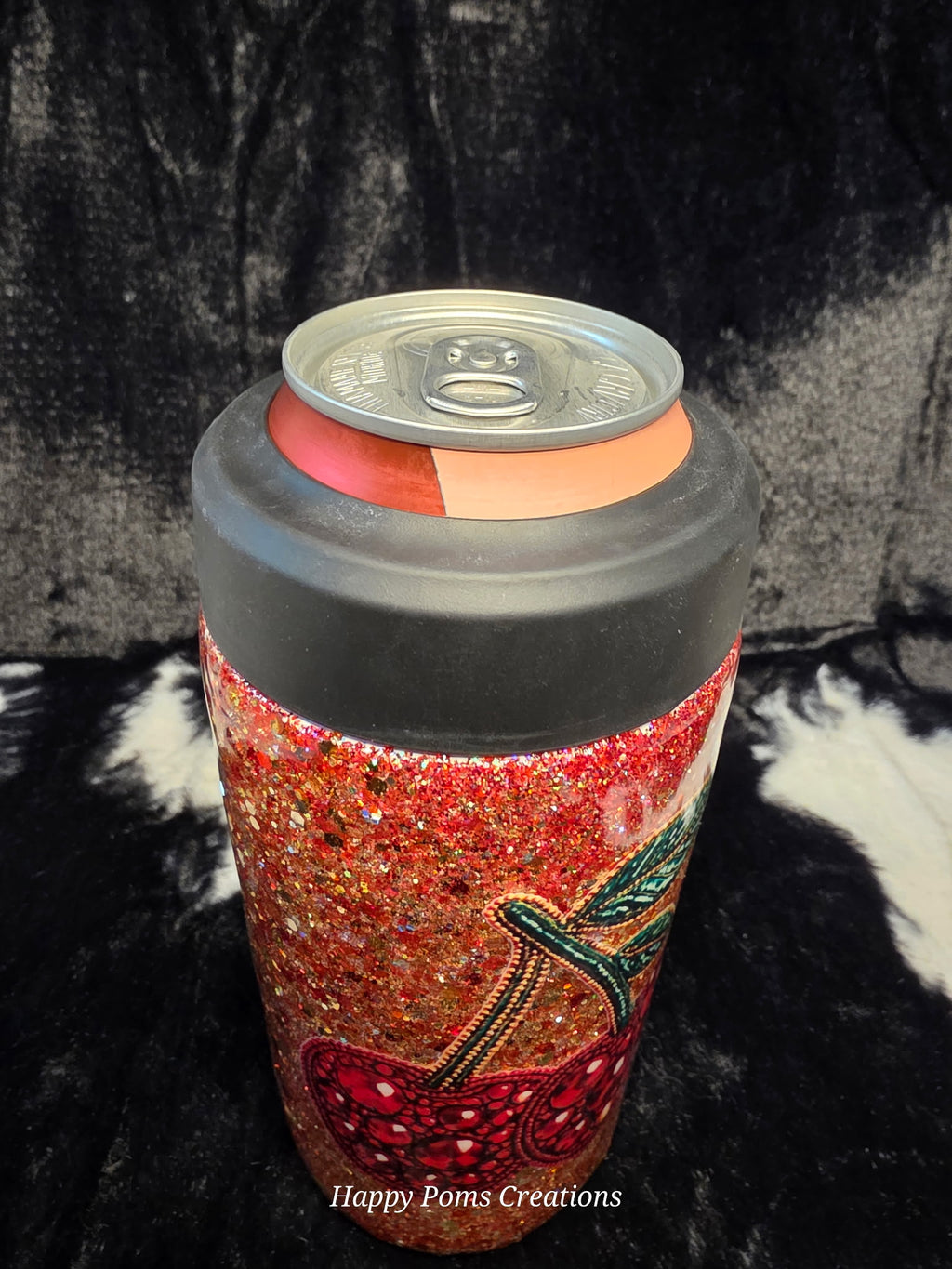Glitter Cherry Can Cooler Tumbler | Handmade Rhinestone Cherry FrostBuddy Style Drink Holder | Sparkly Red Insulated Soda Can Cooler Gift
