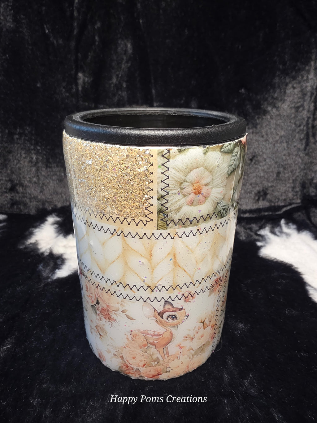 Pastel Patchwork Floral Can Cooler Tumbler | Glitter Deer Beverage Holder | Handmade Insulated Drink Sleeve | Fits Cans & Bottles