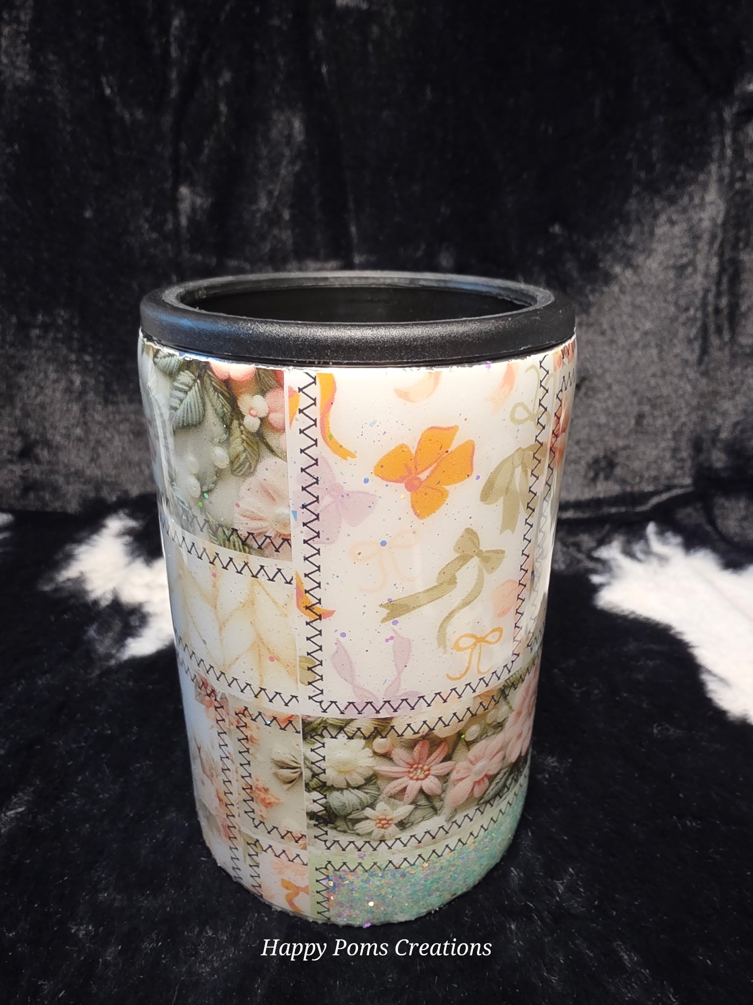 Pastel Patchwork Floral Can Cooler Tumbler | Glitter Deer Beverage Holder | Handmade Insulated Drink Sleeve | Fits Cans & Bottles