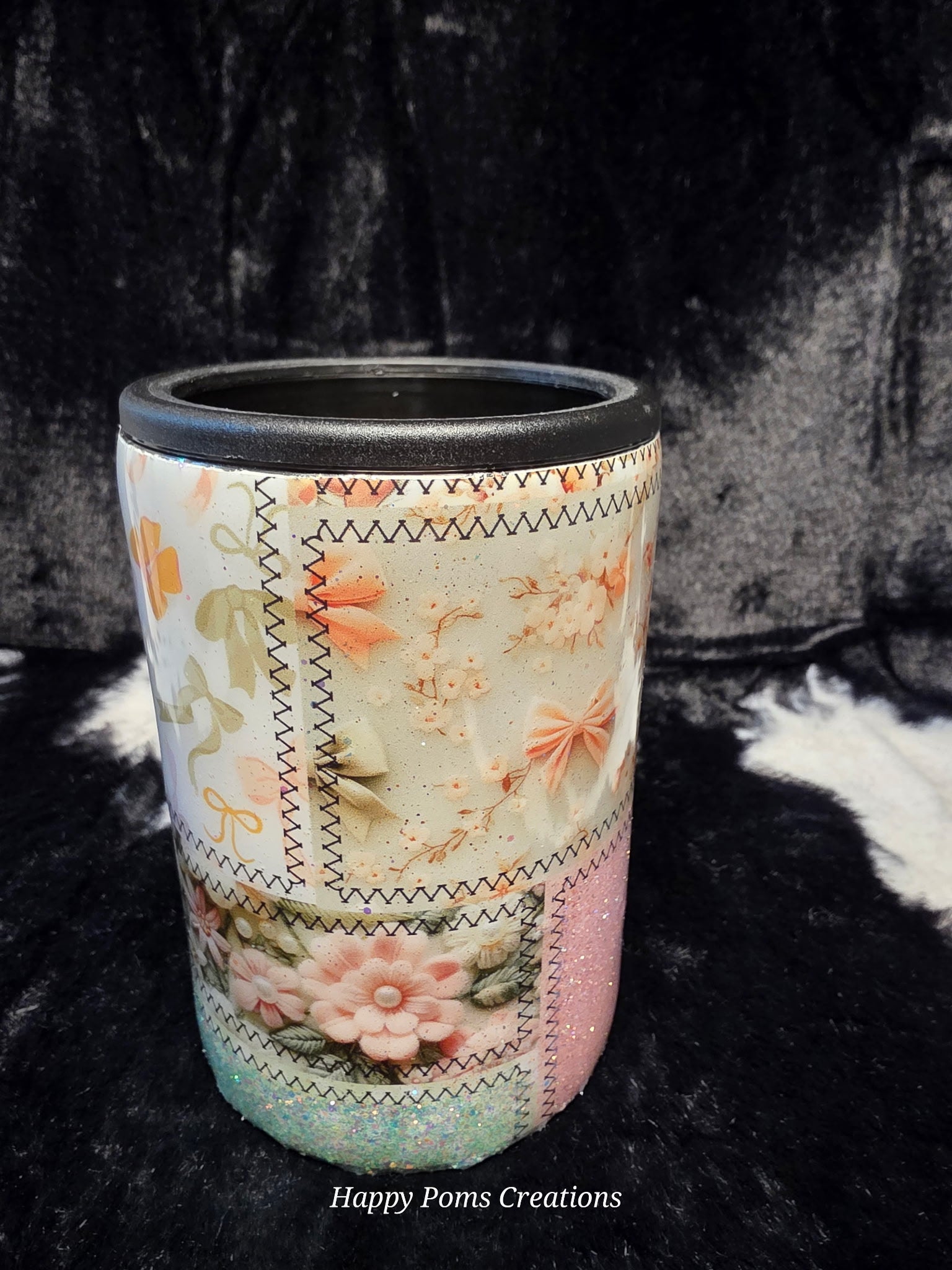 Pastel Patchwork Floral Can Cooler Tumbler | Glitter Deer Beverage Holder | Handmade Insulated Drink Sleeve | Fits Cans & Bottles