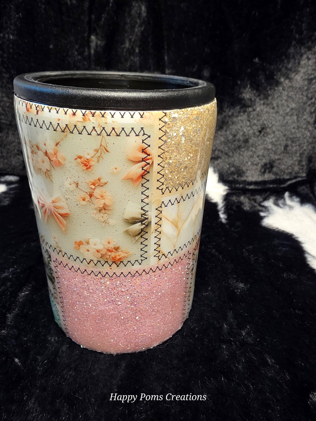 Pastel Patchwork Floral Can Cooler Tumbler | Glitter Deer Beverage Holder | Handmade Insulated Drink Sleeve | Fits Cans & Bottles