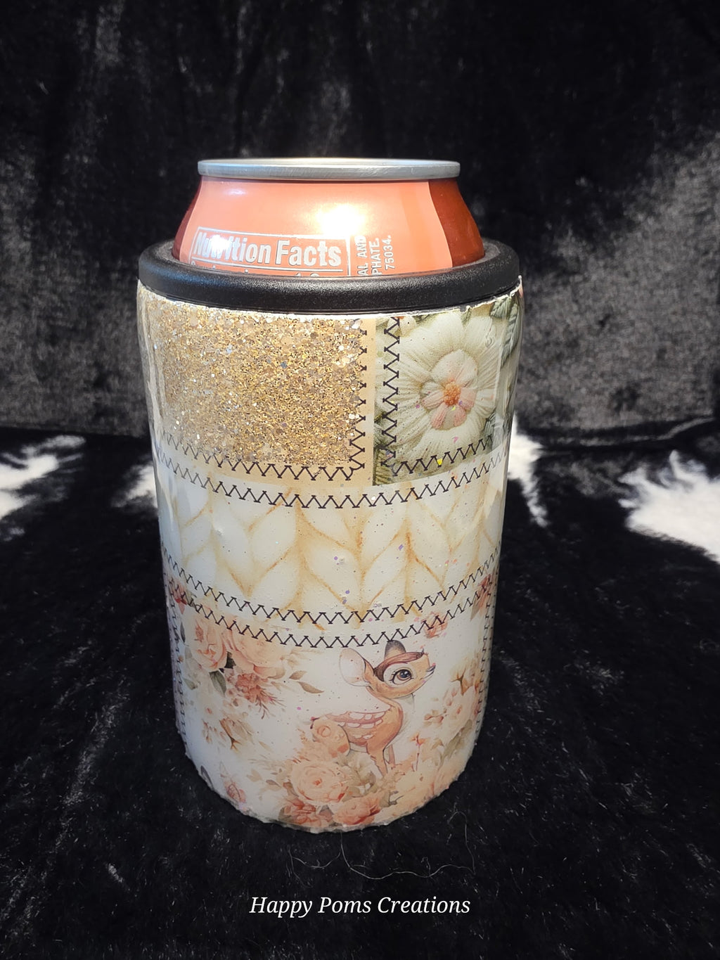 Pastel Patchwork Floral Can Cooler Tumbler | Glitter Deer Beverage Holder | Handmade Insulated Drink Sleeve | Fits Cans & Bottles