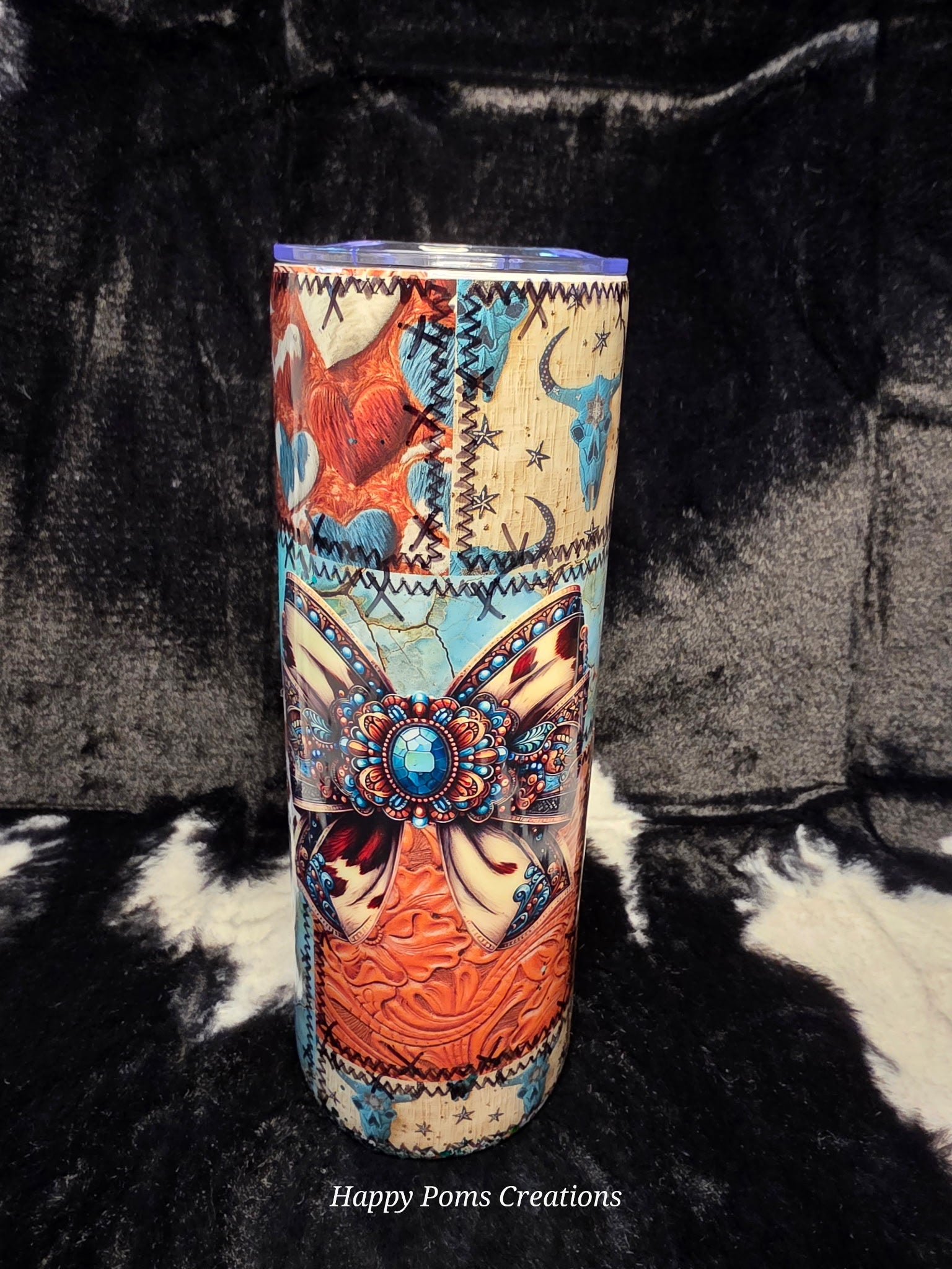 Western Patchwork Cowgirl Tumbler 20oz | Glitter Turquoise & Copper Cow Print Skinny Tumbler | Western Bow Cup with Straw | Handmade Gift for Her