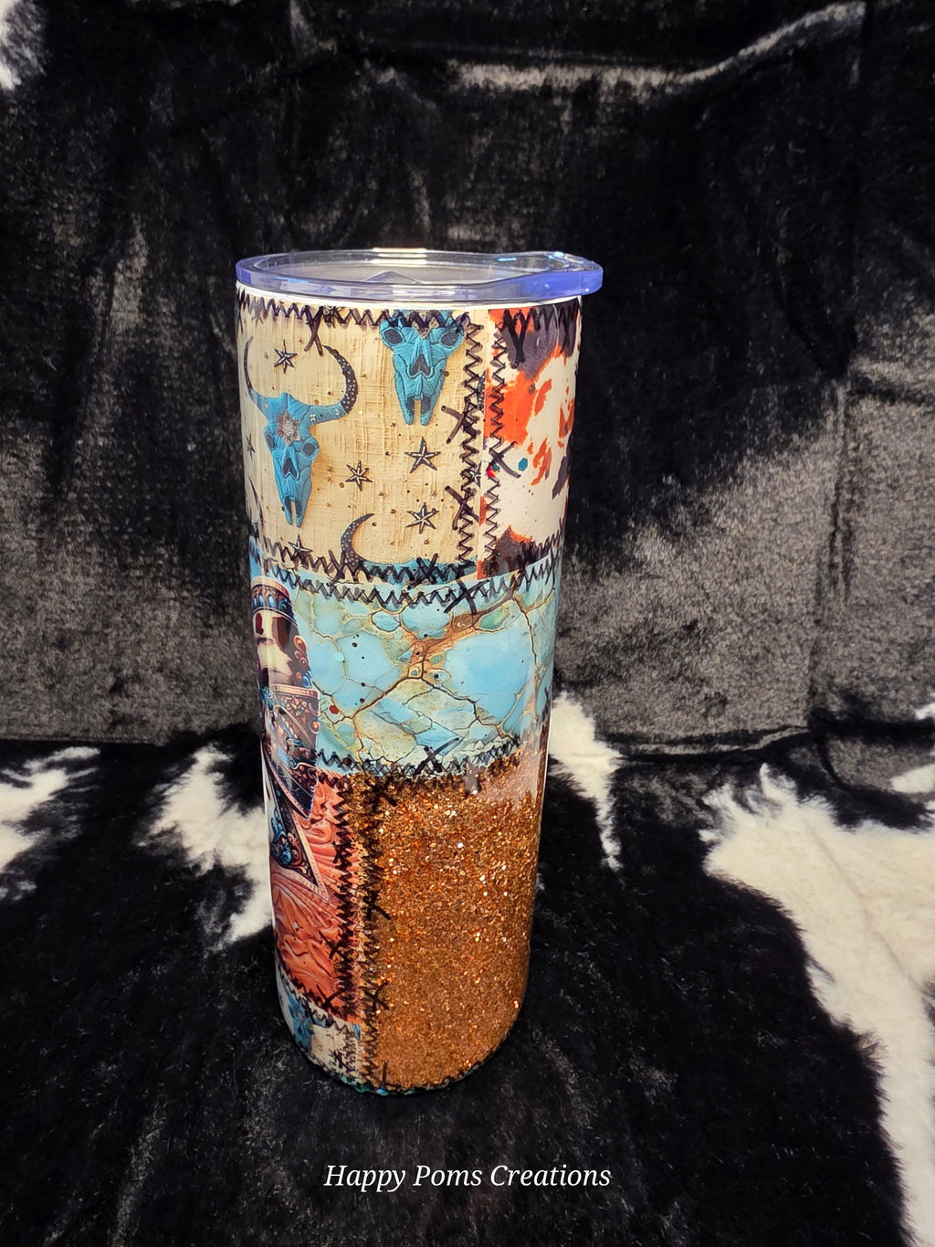 Western Patchwork Cowgirl Tumbler 20oz | Glitter Turquoise & Copper Cow Print Skinny Tumbler | Western Bow Cup with Straw | Handmade Gift for Her