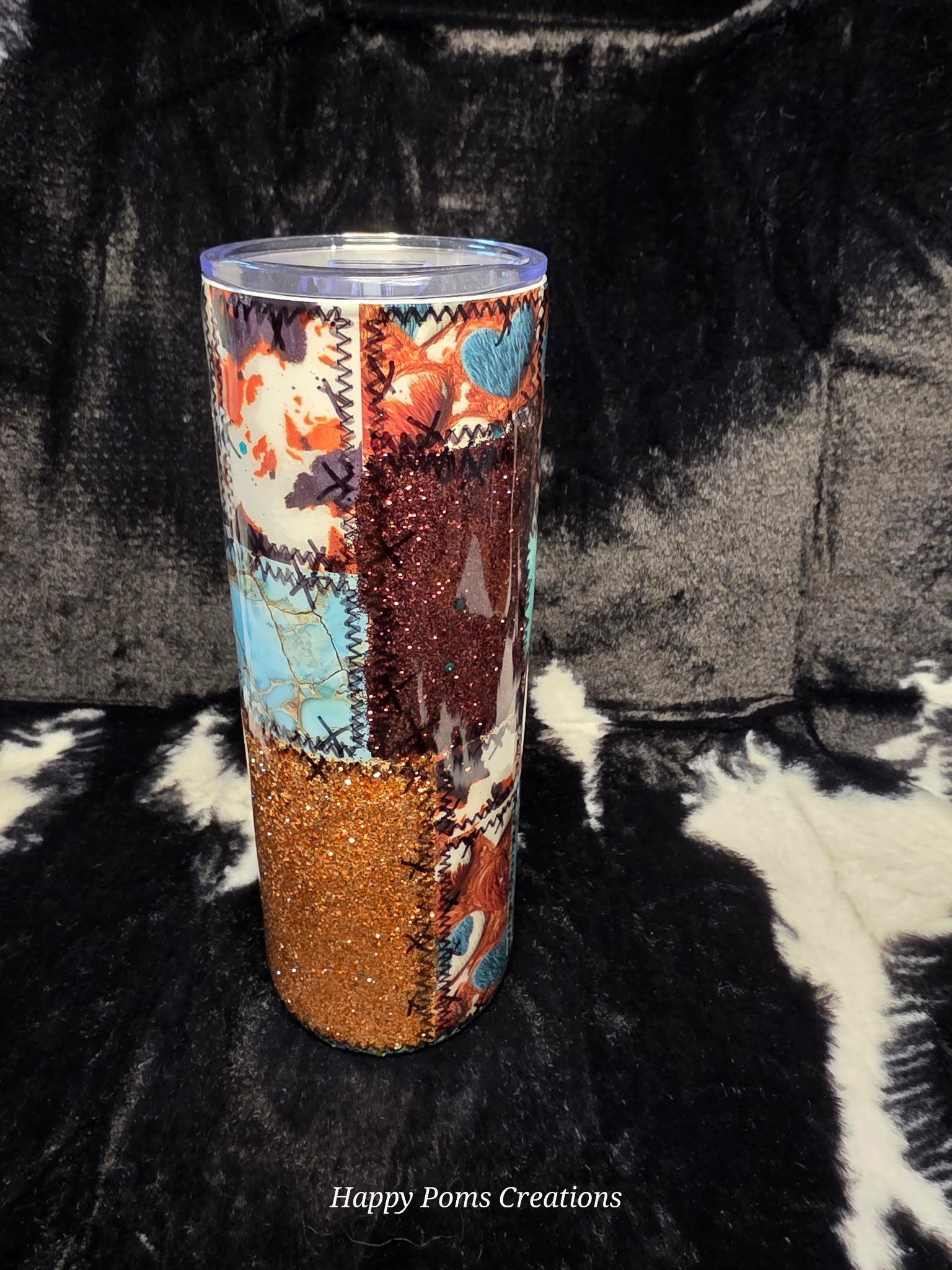 Western Patchwork Cowgirl Tumbler 20oz | Glitter Turquoise & Copper Cow Print Skinny Tumbler | Western Bow Cup with Straw | Handmade Gift for Her