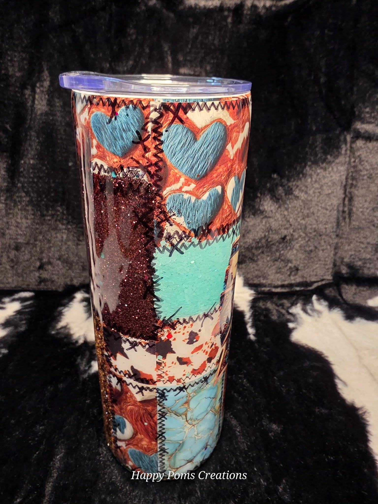 Western Patchwork Cowgirl Tumbler 20oz | Glitter Turquoise & Copper Cow Print Skinny Tumbler | Western Bow Cup with Straw | Handmade Gift for Her