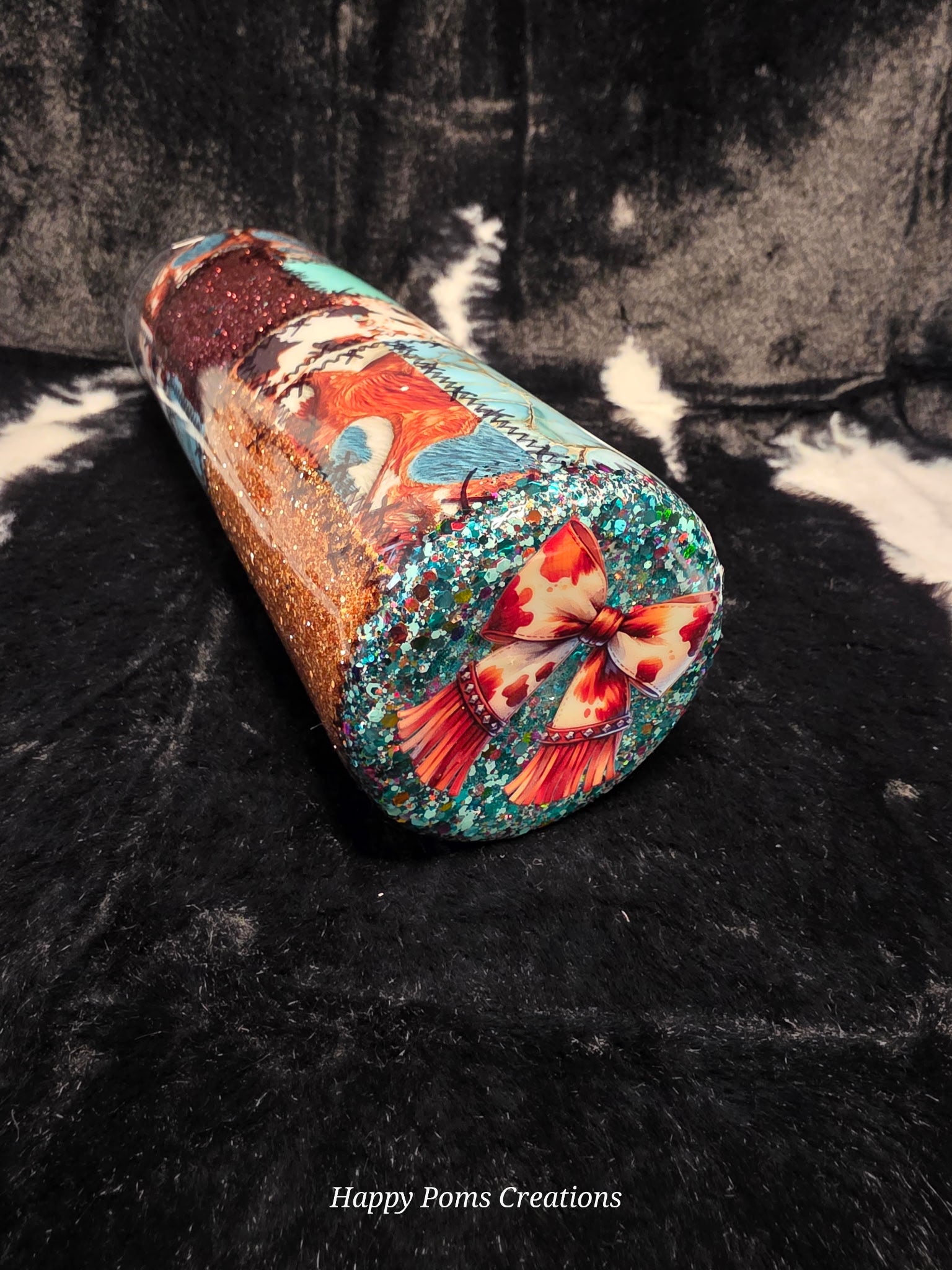 Western Patchwork Cowgirl Tumbler 20oz | Glitter Turquoise & Copper Cow Print Skinny Tumbler | Western Bow Cup with Straw | Handmade Gift for Her