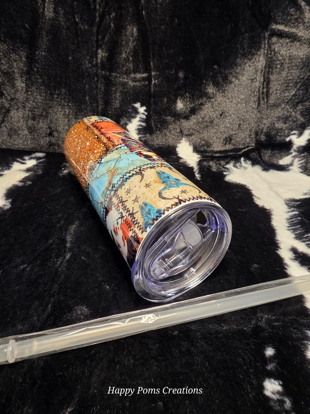 Western Patchwork Cowgirl Tumbler 20oz | Glitter Turquoise & Copper Cow Print Skinny Tumbler | Western Bow Cup with Straw | Handmade Gift for Her