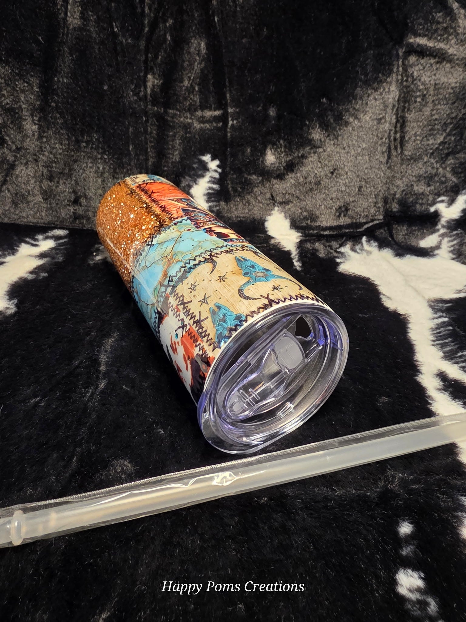 Western Patchwork Cowgirl Tumbler 20oz | Glitter Turquoise & Copper Cow Print Skinny Tumbler | Western Bow Cup with Straw | Handmade Gift for Her