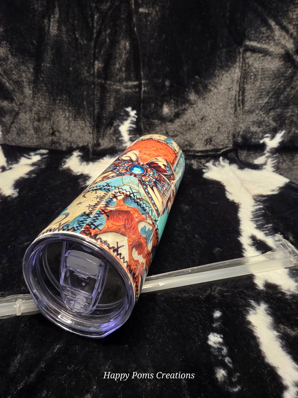 Western Patchwork Cowgirl Tumbler 20oz | Glitter Turquoise & Copper Cow Print Skinny Tumbler | Western Bow Cup with Straw | Handmade Gift for Her