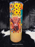 Highland Cow Sunflower Tumbler 20oz | Western Cow Print Glitter Cup | Farmhouse Floral Cow Skinny Tumbler with Straw | Rustic Country Gift