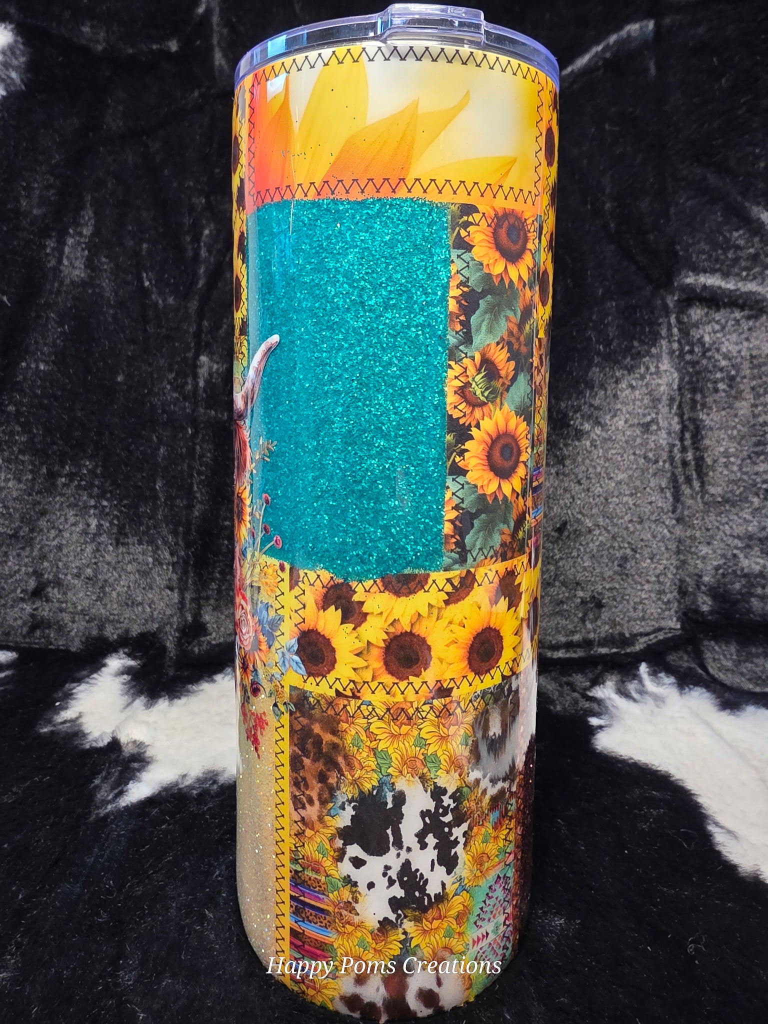 Highland Cow Sunflower Tumbler 20oz | Western Cow Print Glitter Cup | Farmhouse Floral Cow Skinny Tumbler with Straw | Rustic Country Gift