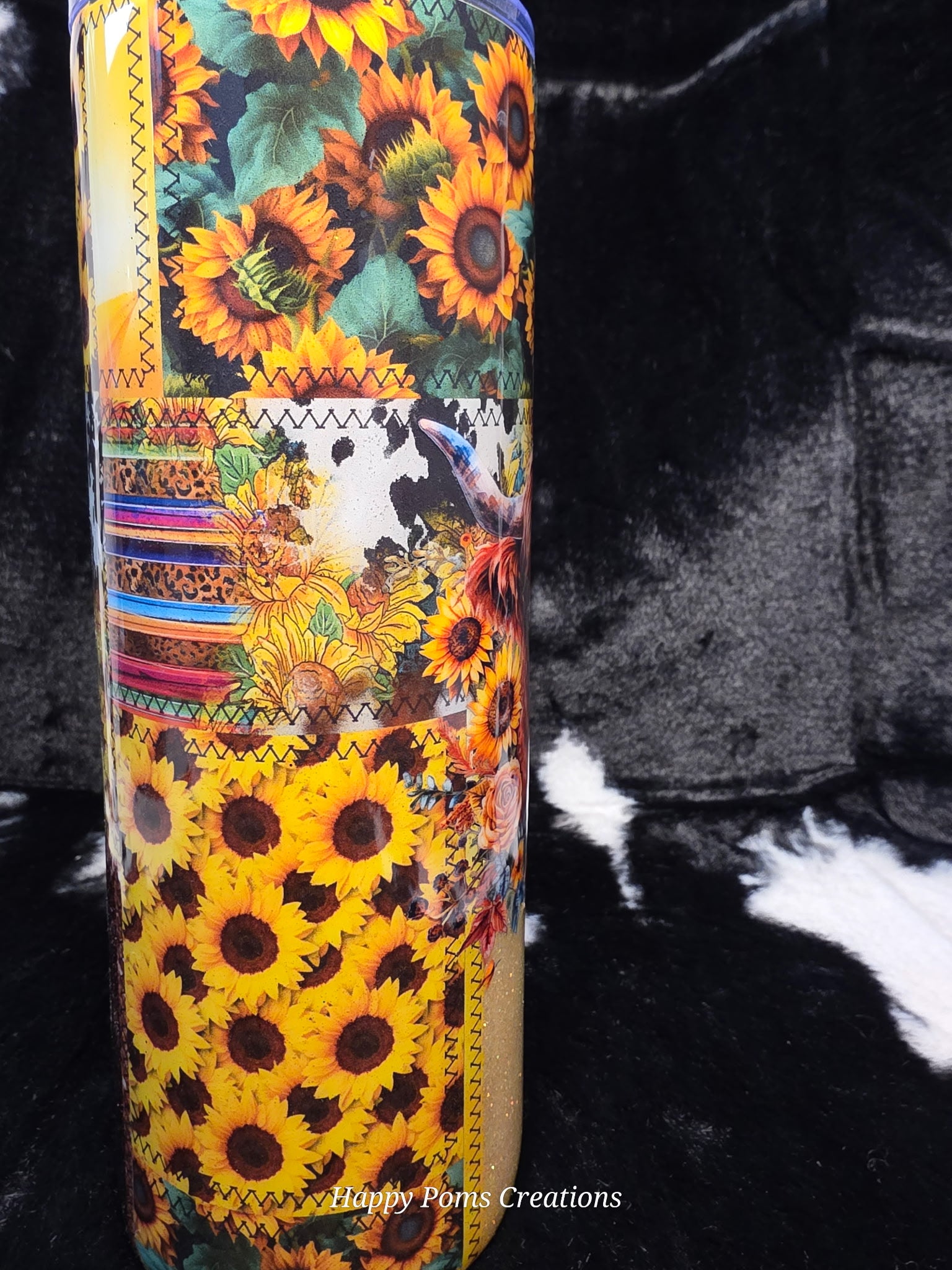Highland Cow Sunflower Tumbler 20oz | Western Cow Print Glitter Cup | Farmhouse Floral Cow Skinny Tumbler with Straw | Rustic Country Gift