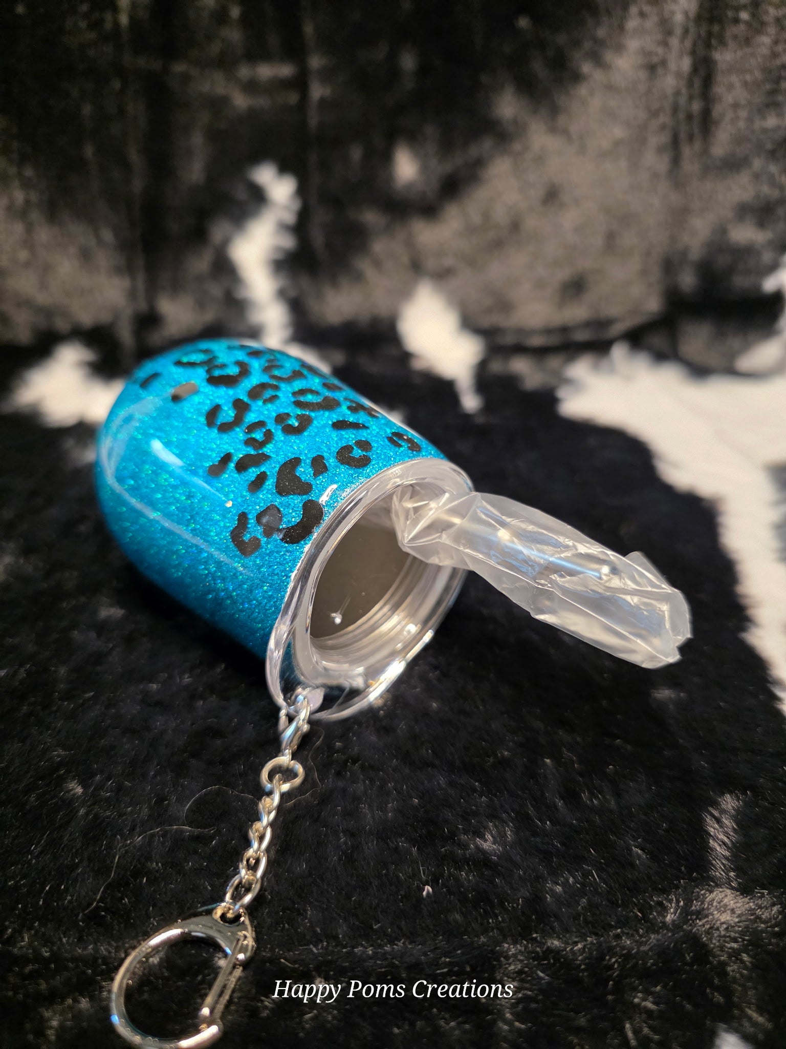 Blue Glitter Leopard Print Shot Glass Keychain – Mini Liquor Cup with Lid – Unique Gift for Her, Party Favor, Travel Shot Glass