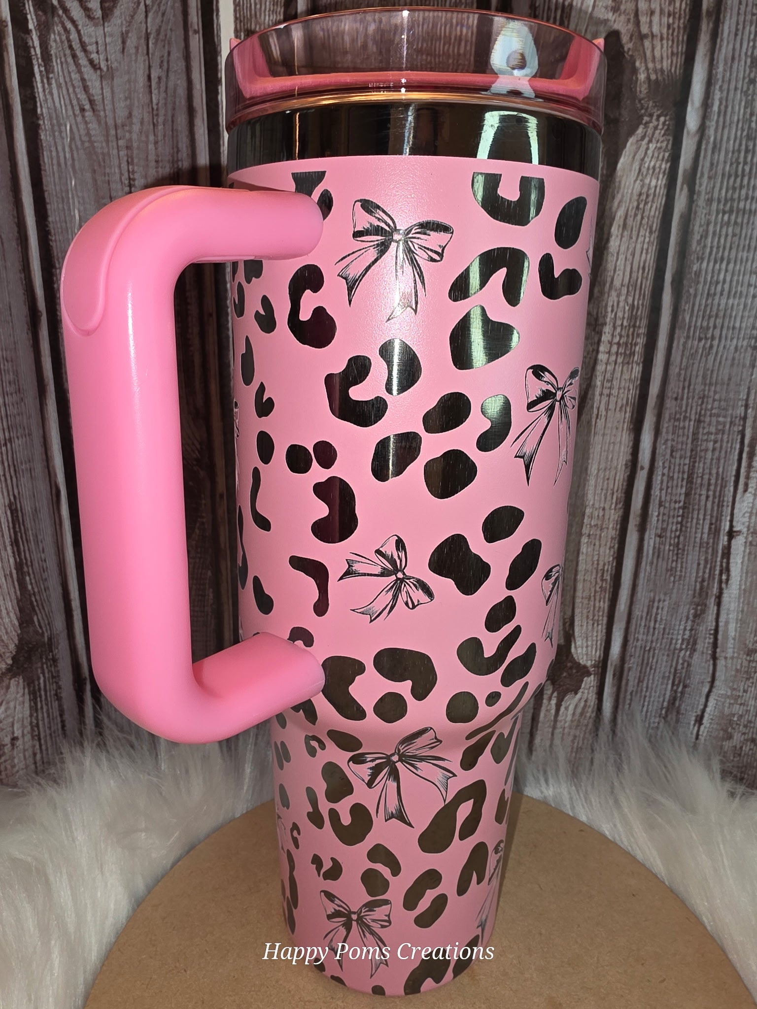 40 oz, Pink, Laser Engraved Cheetah Spots and Bows