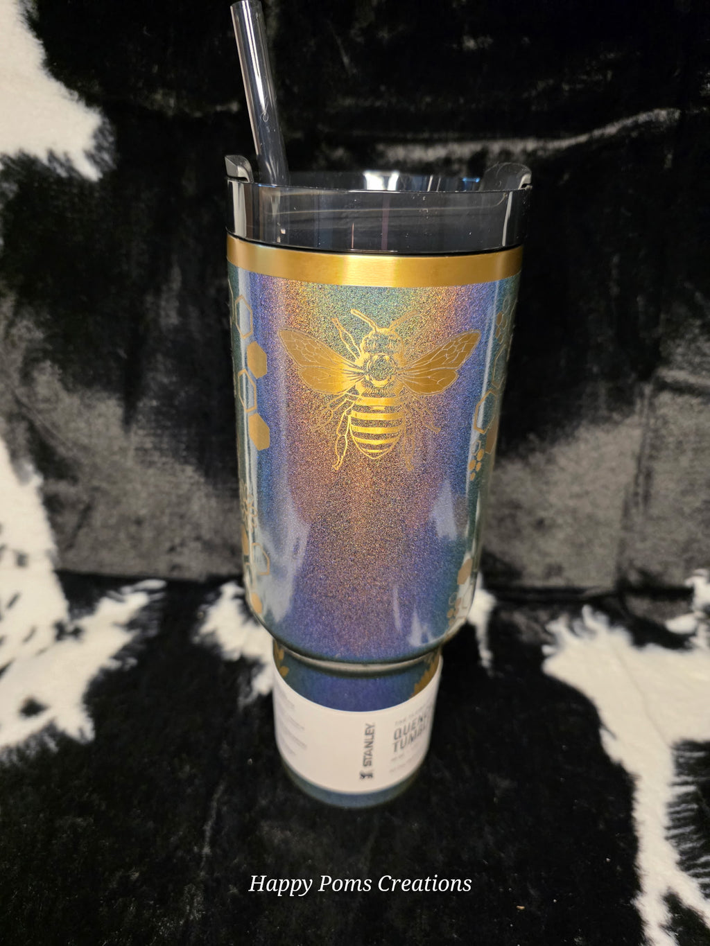 Bee Stanley Quencher 40oz | Honeycomb Engraved Stanley Tumbler | Glitter Holographic Bee Cup | Floral Bee Travel Mug Gift for Her
