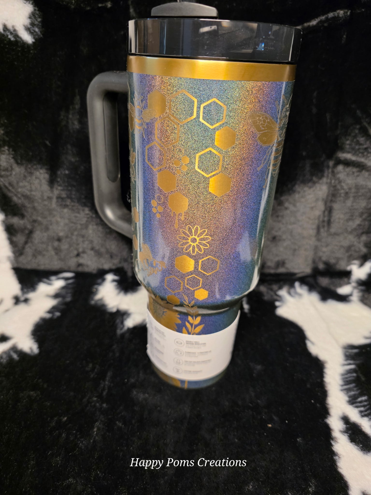 Bee Stanley Quencher 40oz | Honeycomb Engraved Stanley Tumbler | Glitter Holographic Bee Cup | Floral Bee Travel Mug Gift for Her
