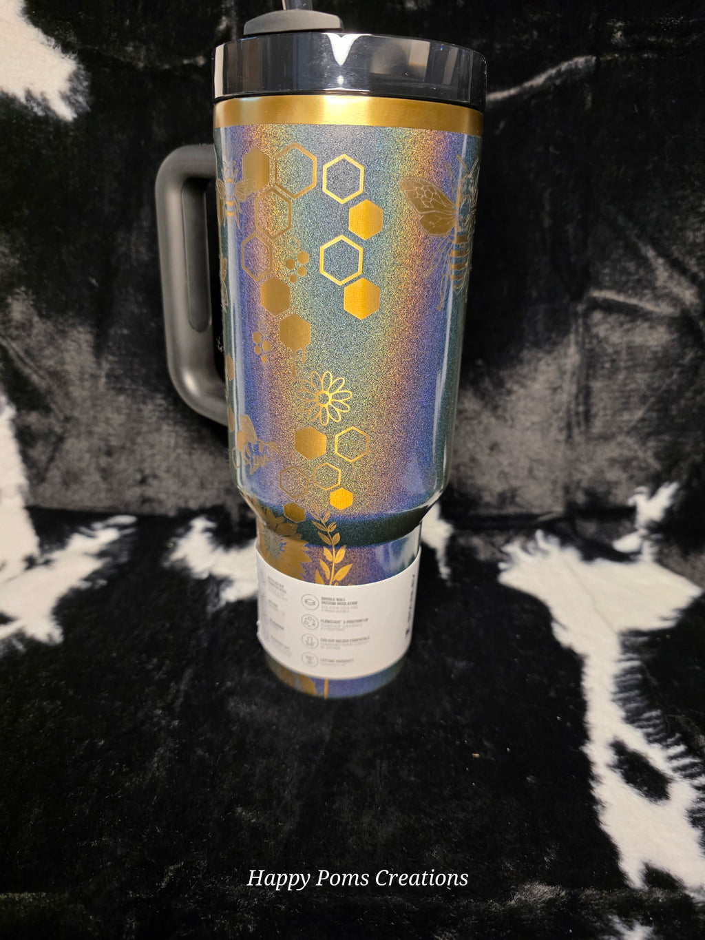 Bee Stanley Quencher 40oz | Honeycomb Engraved Stanley Tumbler | Glitter Holographic Bee Cup | Floral Bee Travel Mug Gift for Her