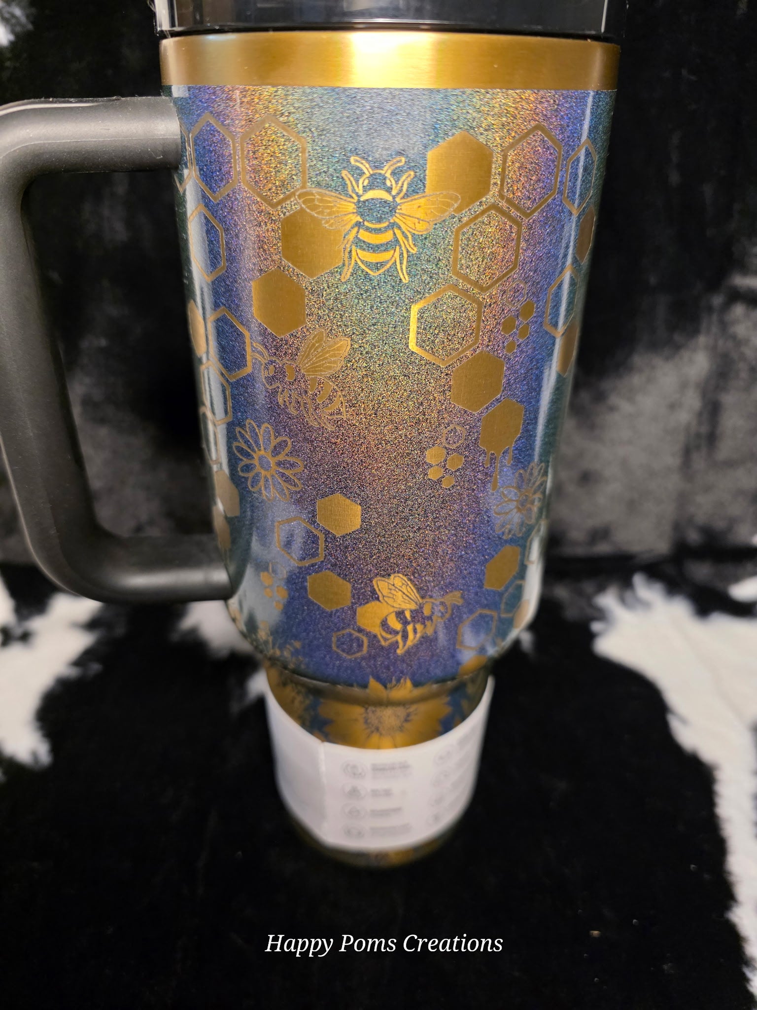 Bee Stanley Quencher 40oz | Honeycomb Engraved Stanley Tumbler | Glitter Holographic Bee Cup | Floral Bee Travel Mug Gift for Her