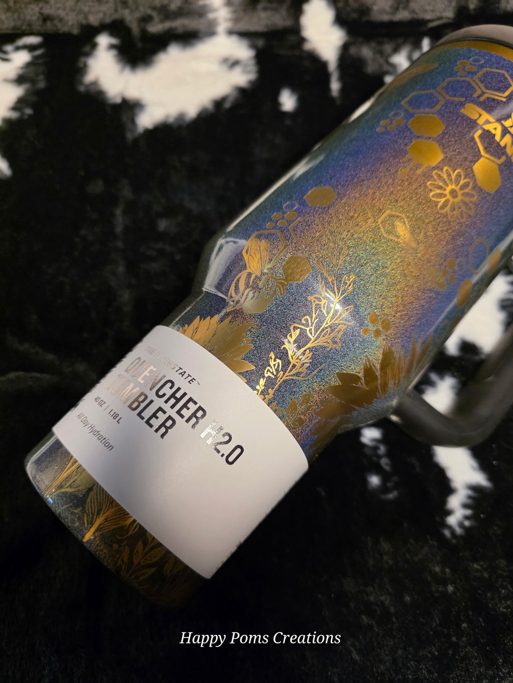 Bee Stanley Quencher 40oz | Honeycomb Engraved Stanley Tumbler | Glitter Holographic Bee Cup | Floral Bee Travel Mug Gift for Her