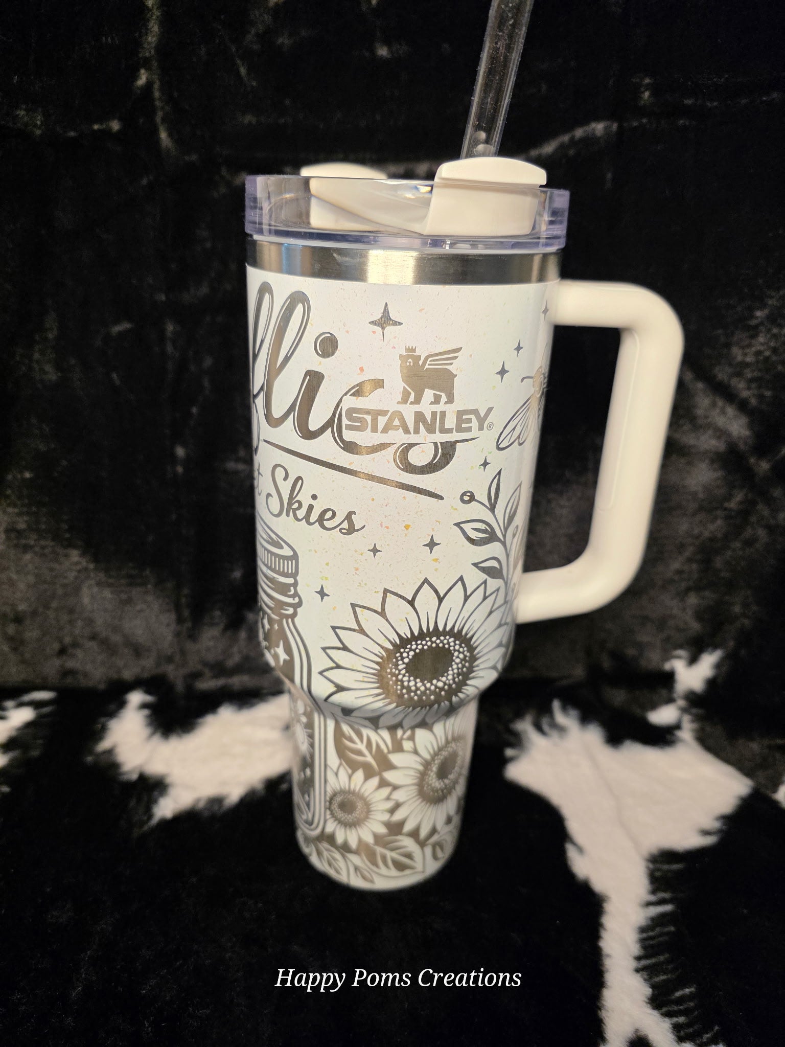 Fireflies and Sunset Skies Engraved Stanley Tumbler | Sunflower Glitter Tumbler | 40oz Custom Laser Engraved Cup | Rustic Floral Travel Tumbler