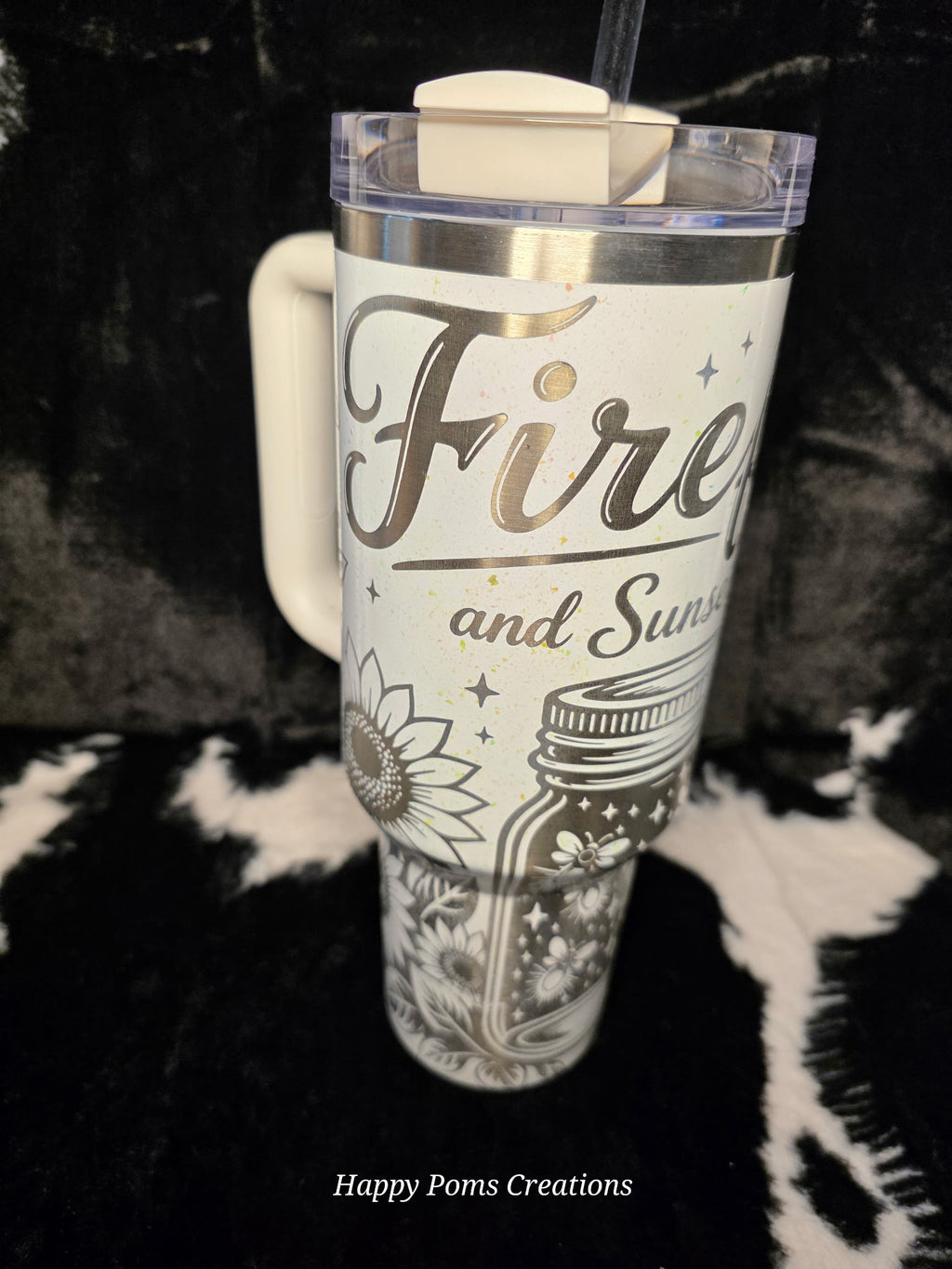 Fireflies and Sunset Skies Engraved Stanley Tumbler | Sunflower Glitter Tumbler | 40oz Custom Laser Engraved Cup | Rustic Floral Travel Tumbler