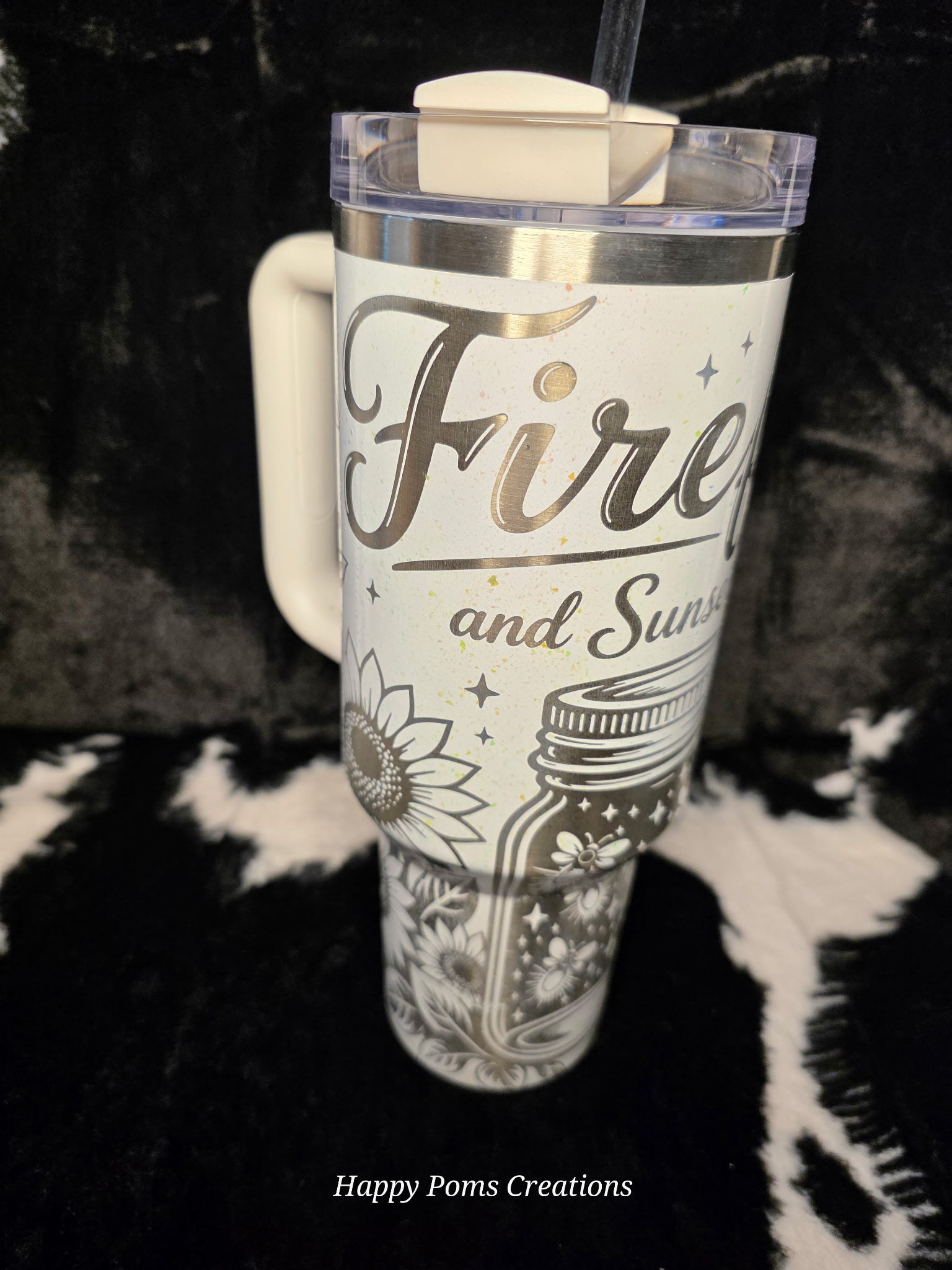 Fireflies and Sunset Skies Engraved Stanley Tumbler | Sunflower Glitter Tumbler | 40oz Custom Laser Engraved Cup | Rustic Floral Travel Tumbler