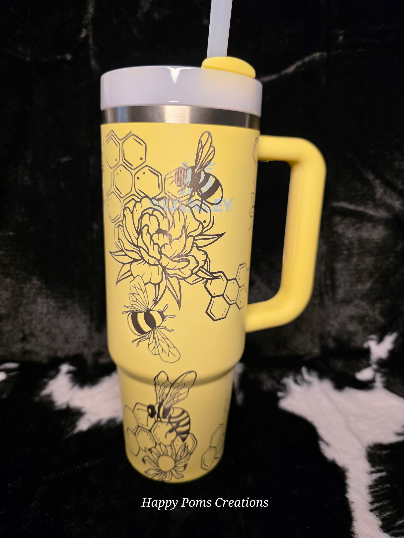 **LESS THAN PERFECT** - Yellow Bee Honeycomb Laser Engraved Tumbler with Handle | 30oz Insulated Travel Mug | Floral Bee Design Cup | Gift for Him orHer