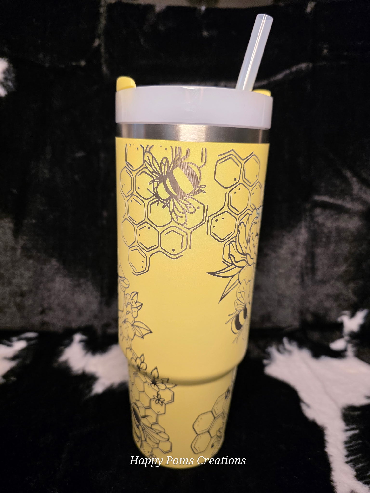 **LESS THAN PERFECT** - Yellow Bee Honeycomb Laser Engraved Tumbler with Handle | 30oz Insulated Travel Mug | Floral Bee Design Cup | Gift for Him orHer