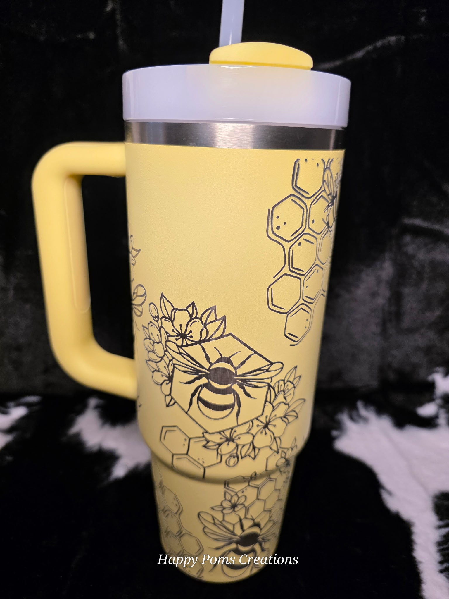 **LESS THAN PERFECT** - Yellow Bee Honeycomb Laser Engraved Tumbler with Handle | 30oz Insulated Travel Mug | Floral Bee Design Cup | Gift for Him orHer