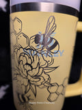 **LESS THAN PERFECT** - Yellow Bee Honeycomb Laser Engraved Tumbler with Handle | 30oz Insulated Travel Mug | Floral Bee Design Cup | Gift for Him orHer