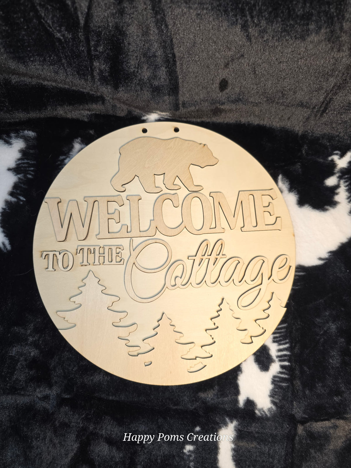 Welcome to the Cottage Wooden Door Hanger | Bear Cabin Sign | DIY Paintable Wood Round | Rustic Cottage Decor | Laser Cut Blank