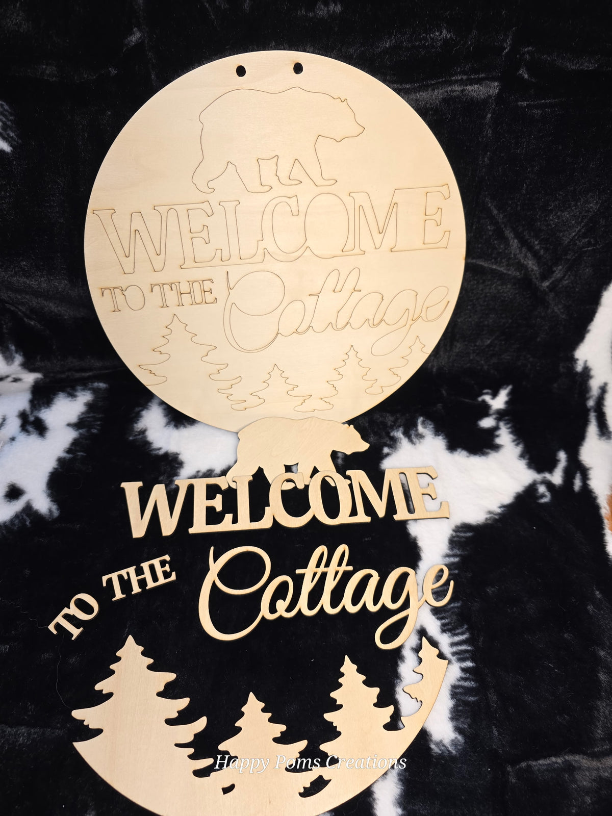 Welcome to the Cottage Wooden Door Hanger | Bear Cabin Sign | DIY Paintable Wood Round | Rustic Cottage Decor | Laser Cut Blank