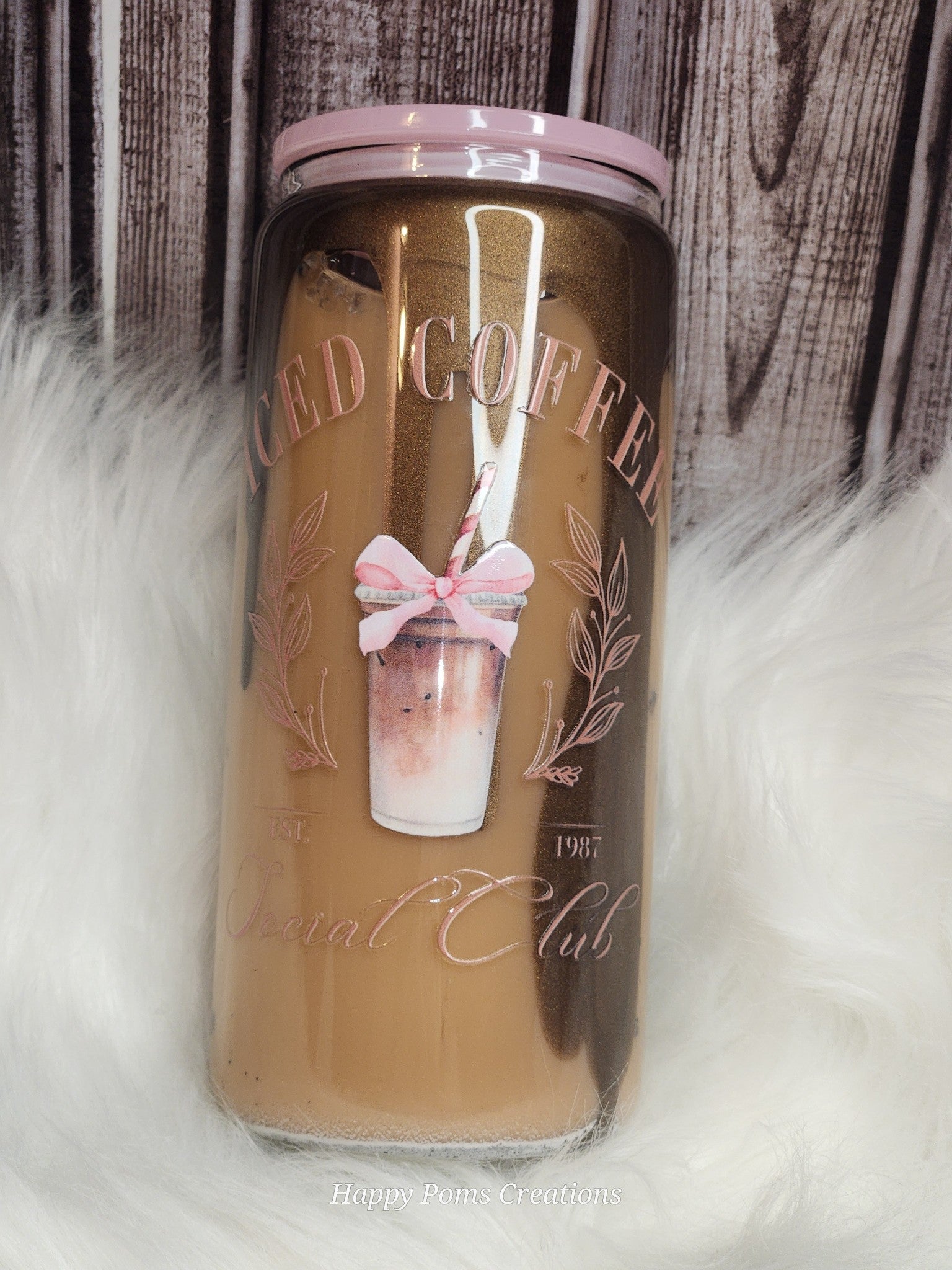 Glass Cup - 16 oz, Snow-Globe, Iced Coffee Social Club Latte w/Straw