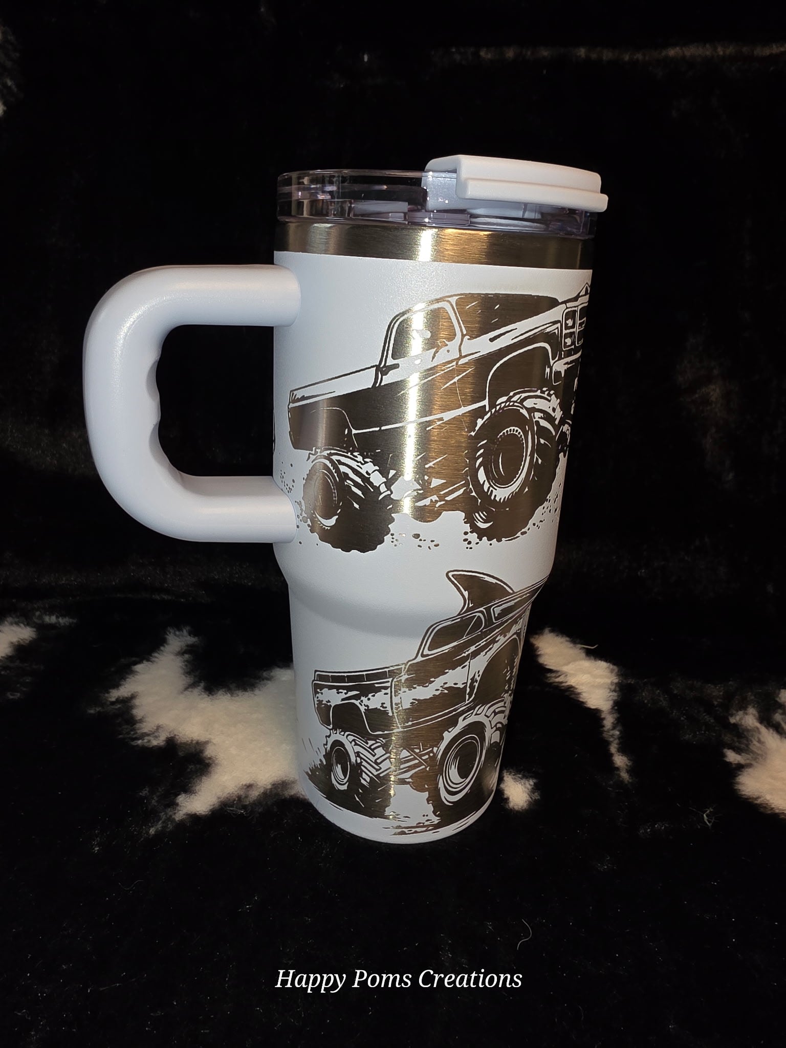Monster Truck Engraved Travel Mug with Handle | 14oz Stainless Steel Tumbler with Straw | Off-Road Truck Gift for Men | Mud Bogging Cup