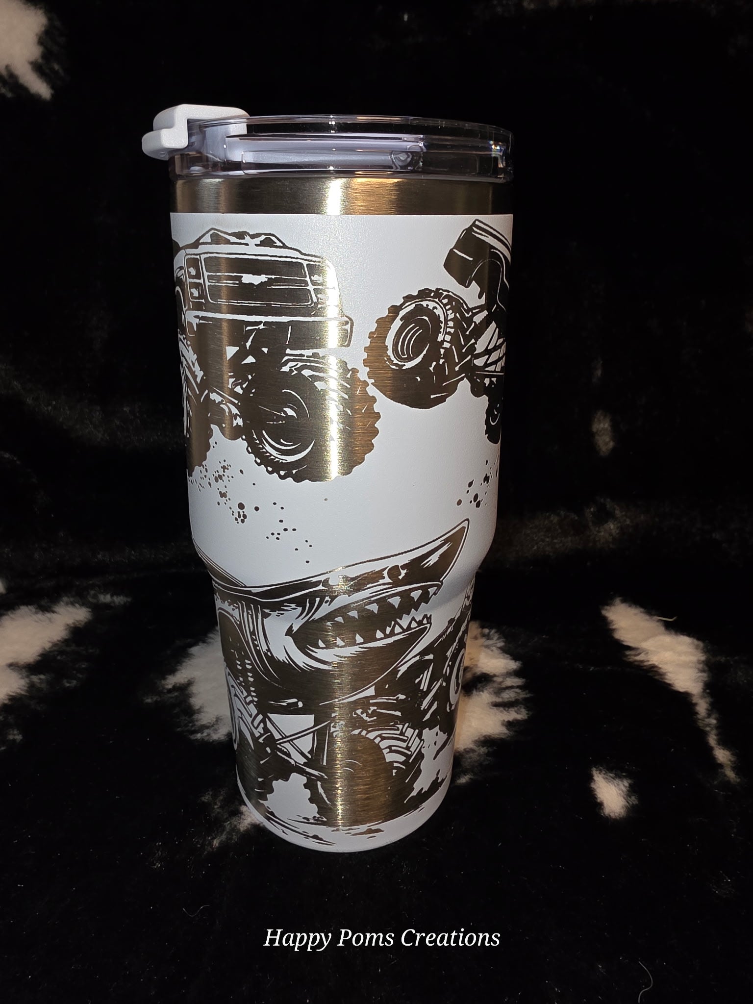 Monster Truck Engraved Travel Mug with Handle | 14oz Stainless Steel Tumbler with Straw | Off-Road Truck Gift for Men | Mud Bogging Cup