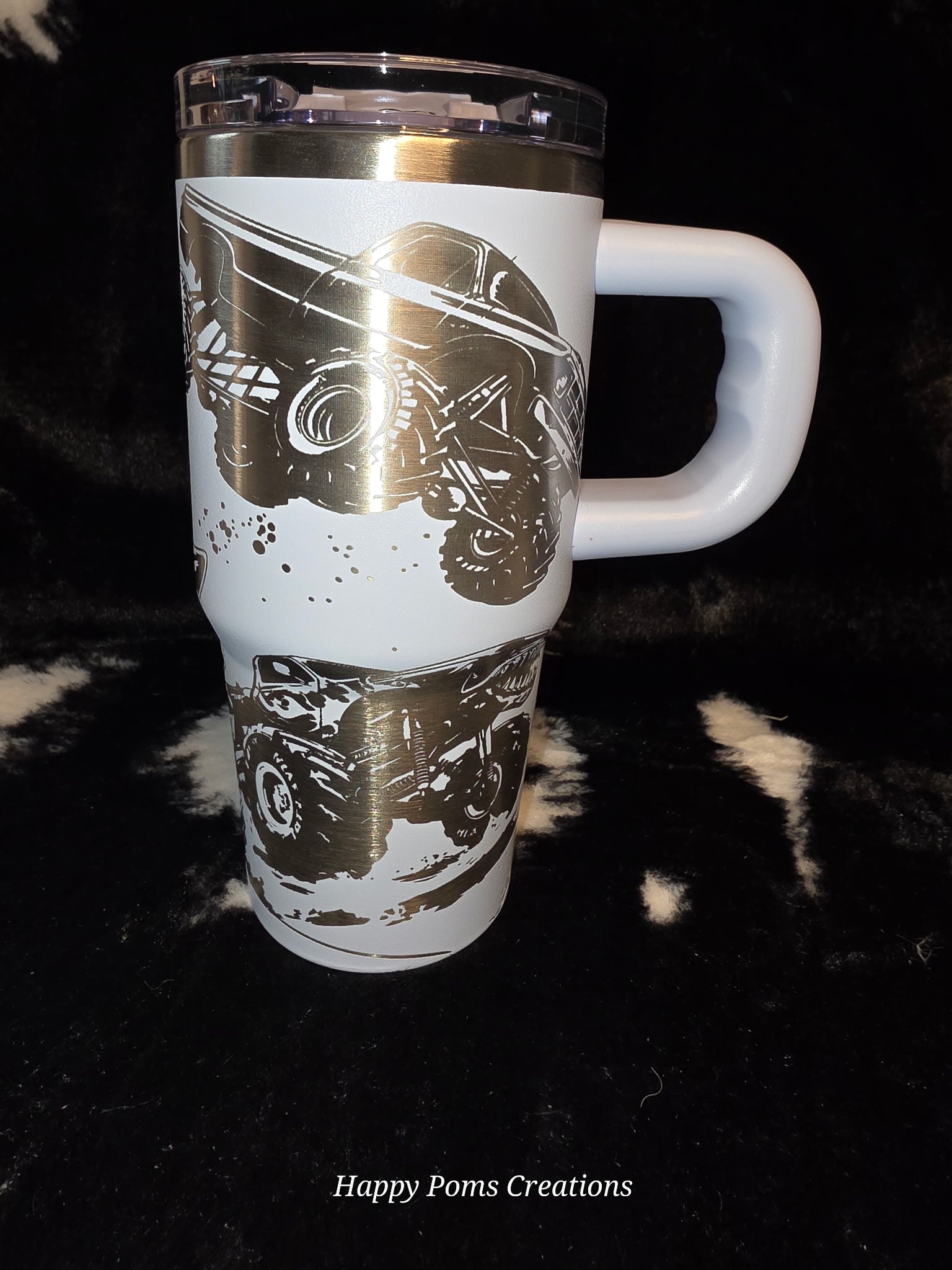 Monster Truck Engraved Travel Mug with Handle | 14oz Stainless Steel Tumbler with Straw | Off-Road Truck Gift for Men | Mud Bogging Cup