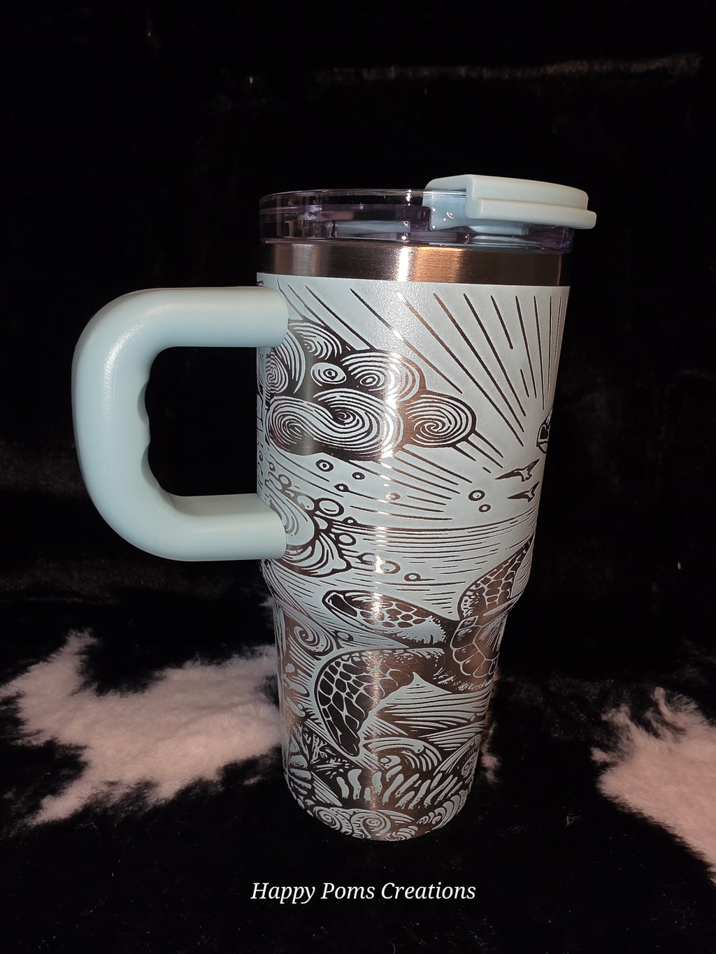 Sea Turtle Engraved Travel Mug with Handle | 14oz Ocean-Themed Stainless Steel Tumbler | Sea Life Coffee Cup with Straw | Beach Lover Gift