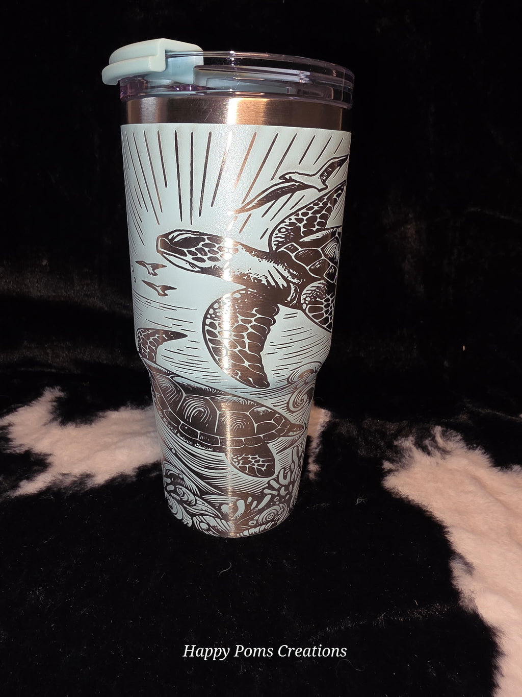 Sea Turtle Engraved Travel Mug with Handle | 14oz Ocean-Themed Stainless Steel Tumbler | Sea Life Coffee Cup with Straw | Beach Lover Gift