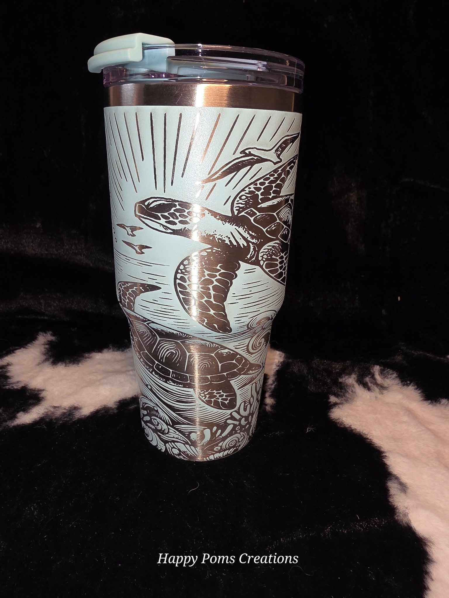 Sea Turtle Engraved Travel Mug with Handle | 14oz Ocean-Themed Stainless Steel Tumbler | Sea Life Coffee Cup with Straw | Beach Lover Gift