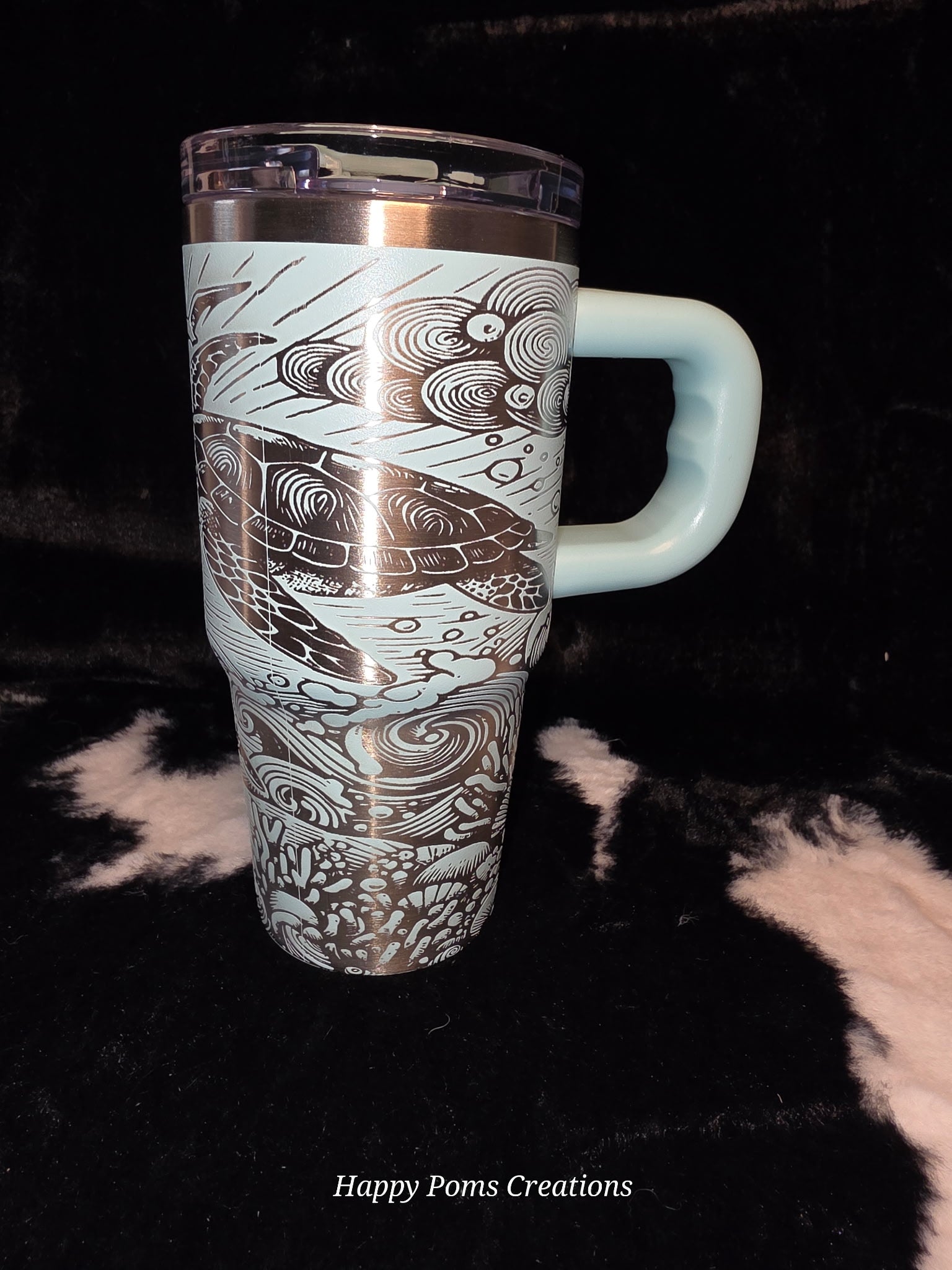 Sea Turtle Engraved Travel Mug with Handle | 14oz Ocean-Themed Stainless Steel Tumbler | Sea Life Coffee Cup with Straw | Beach Lover Gift