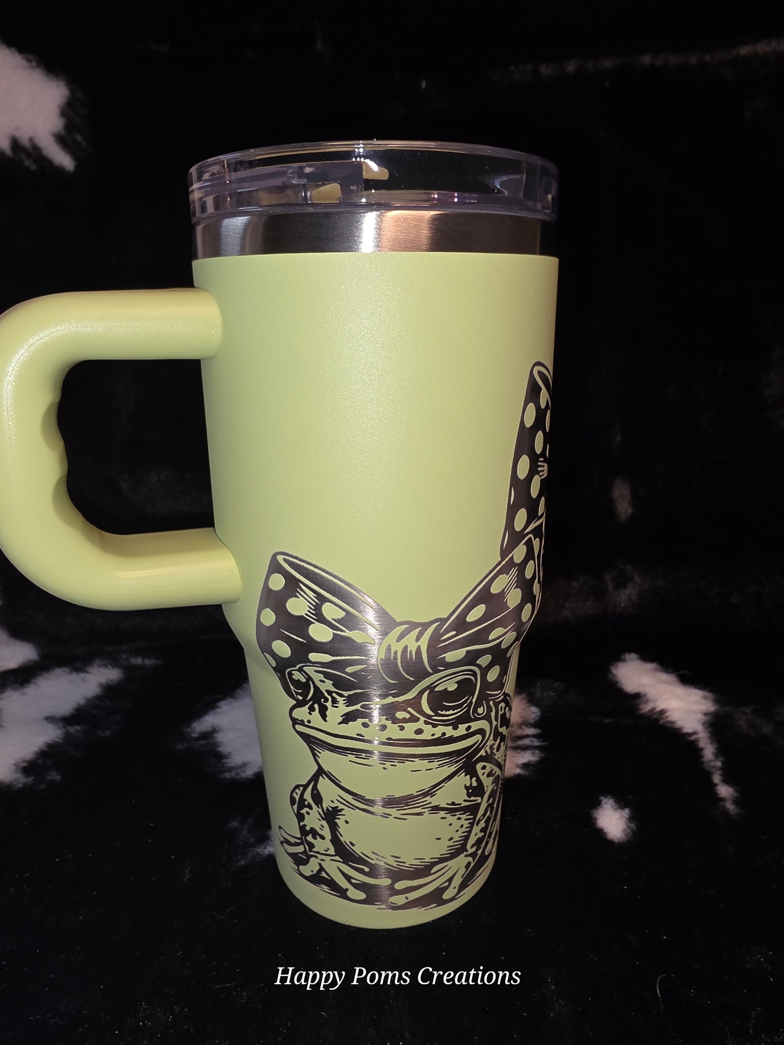 Cute Frog Bow 40oz Tumbler with Handle | Engraved Frog Travel Mug | Stainless Steel Cup with Straw | Frog Lover Gift