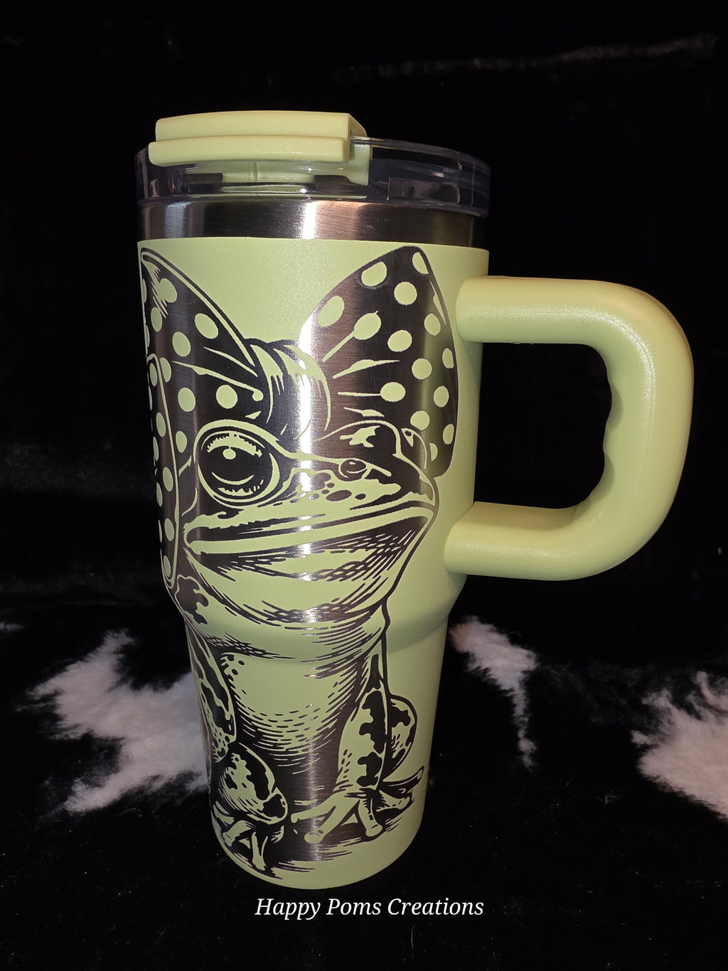 Cute Frog Bow 40oz Tumbler with Handle | Engraved Frog Travel Mug | Stainless Steel Cup with Straw | Frog Lover Gift