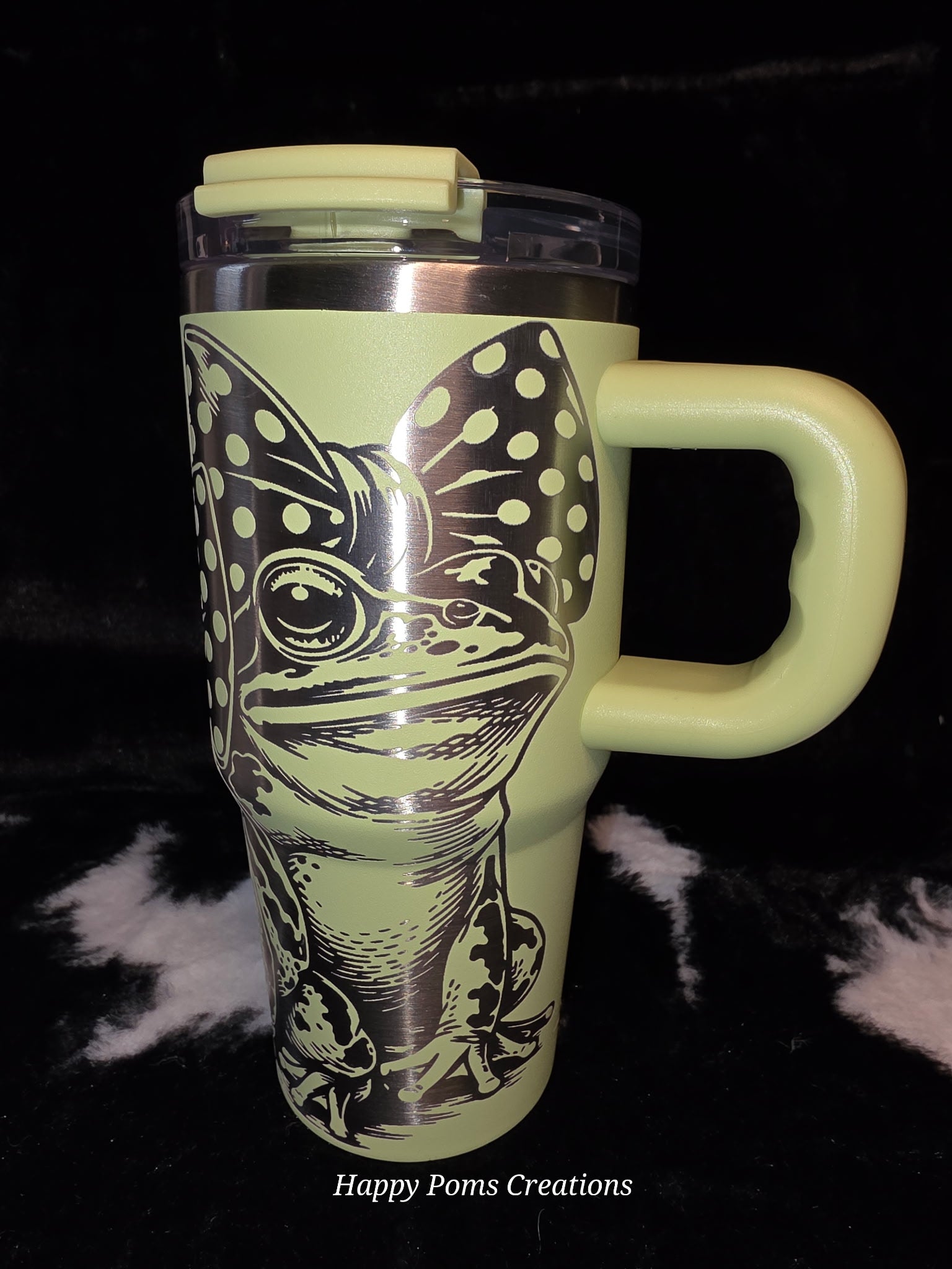 Cute Frog Bow 40oz Tumbler with Handle | Engraved Frog Travel Mug | Stainless Steel Cup with Straw | Frog Lover Gift